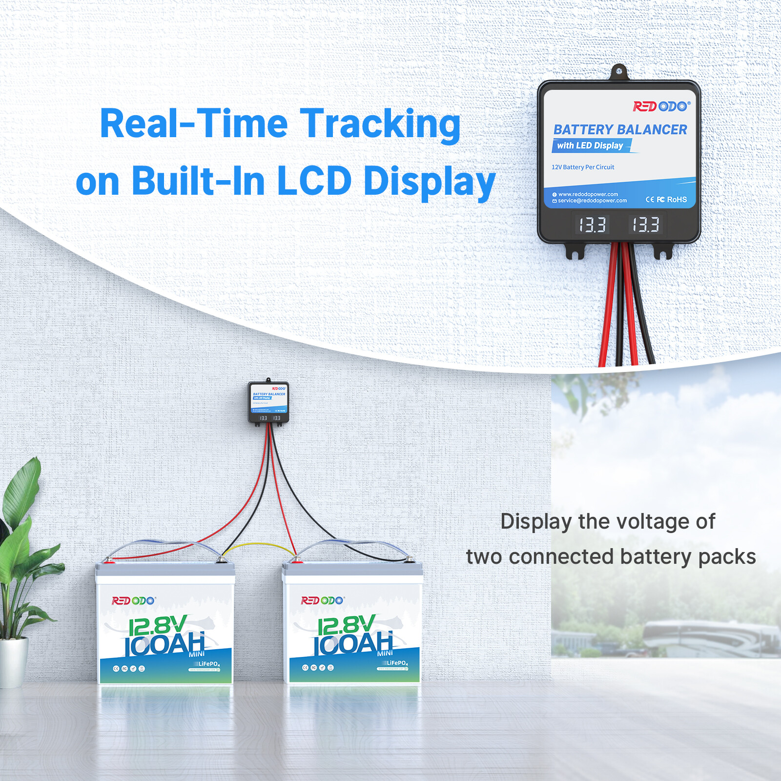 Redodo 24V(2*12V) Battery Balancer w/ LED Display LiFePO4 For Home RV Solar Good