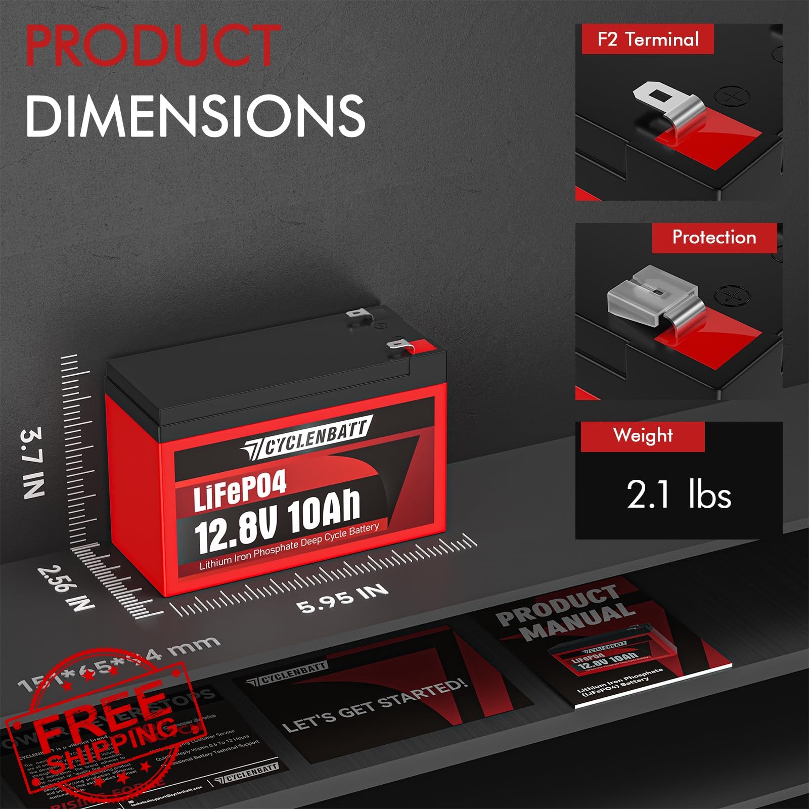 CYCLENBATT 2 Pack 12V 10Ah LiFePO4 Lithium Battery