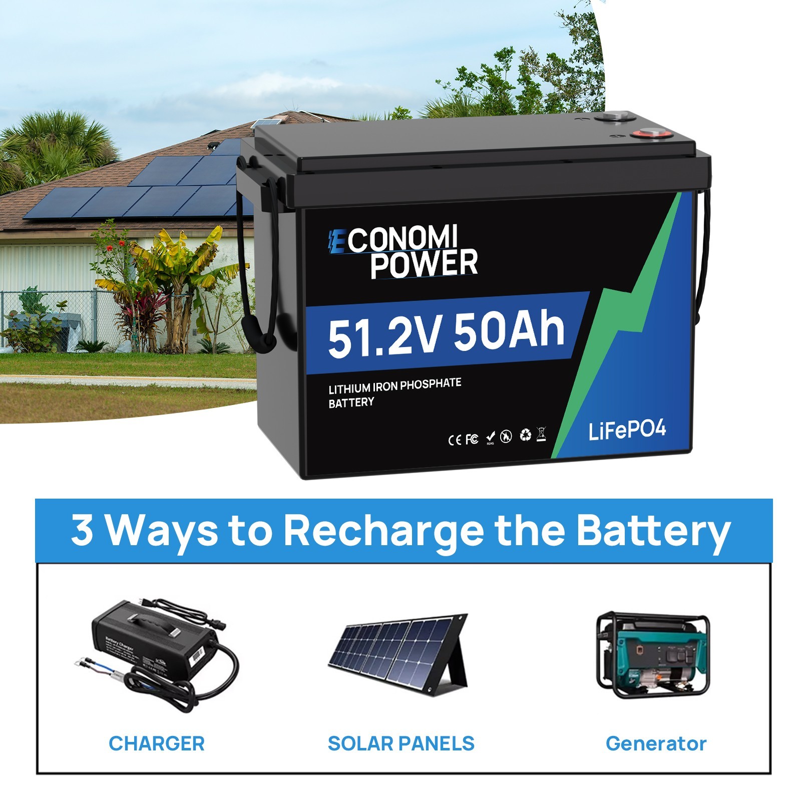 48V LiFePO4 51.2V 50Ah/100Ah Battery with BMS for RV & Home Solar Energy Storage