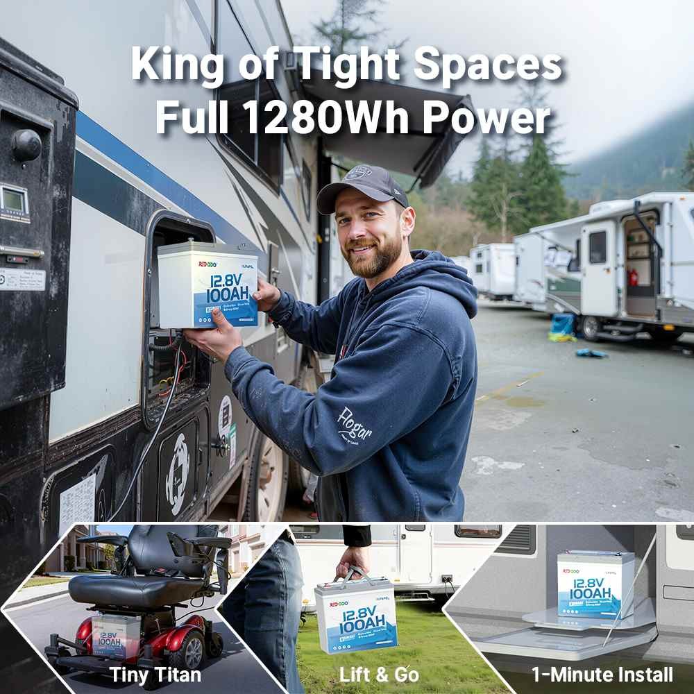 Redodo 12V 100Ah Bluetooth LiFePO4 Lithium Battery Group 22NF, 14.6V 20A Charger
