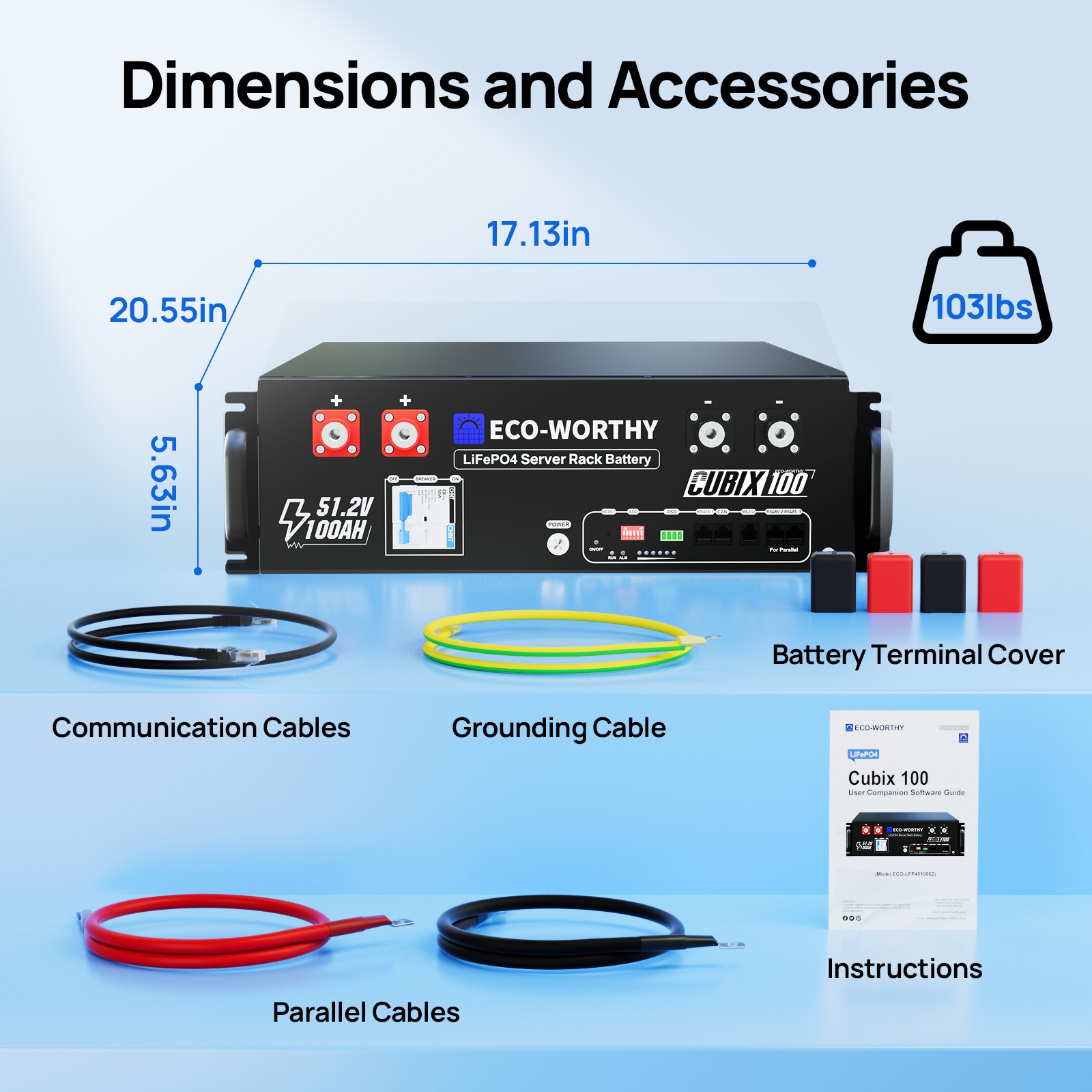 ECO-WORTHY 5.12kWh 48V 100AH Server Rack LiFePO4 Lithium Battery 3U Size