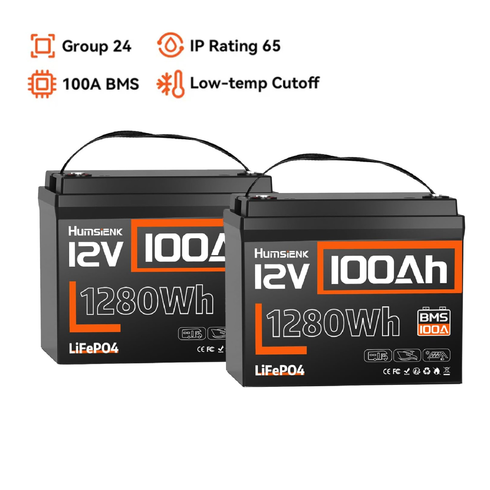 2Pack 12V 100Ah 2560Wh Lithium Battery LiFePO4 Group 24 Low-Temp Cutoff Solar RV