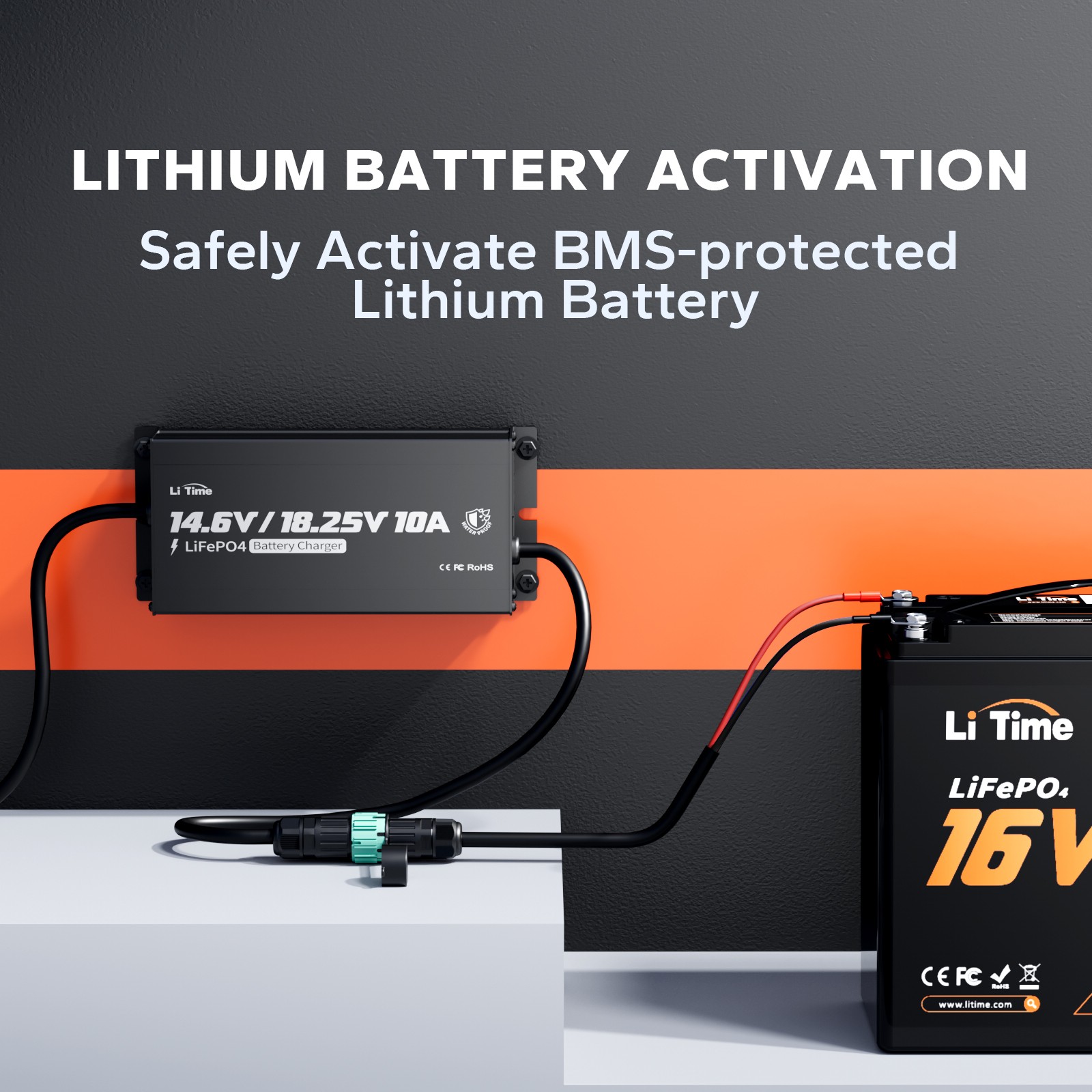 LiTime 16V 70Ah Bluetooth LiFePO4 Lithium Battery+10A Charger For Fish Finder