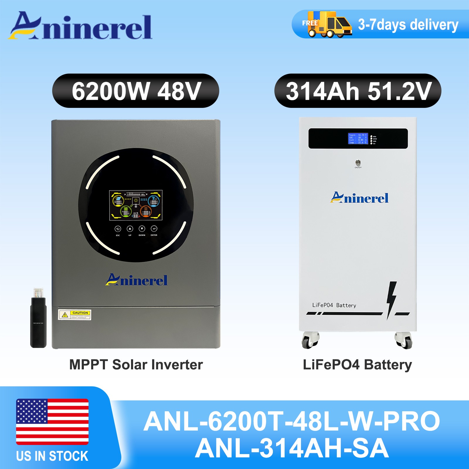 48V 314Ah Lithium Battery 16kWh + 6.2kWh 48V Solar Hybrid Inverter MPPT Off-Grid
