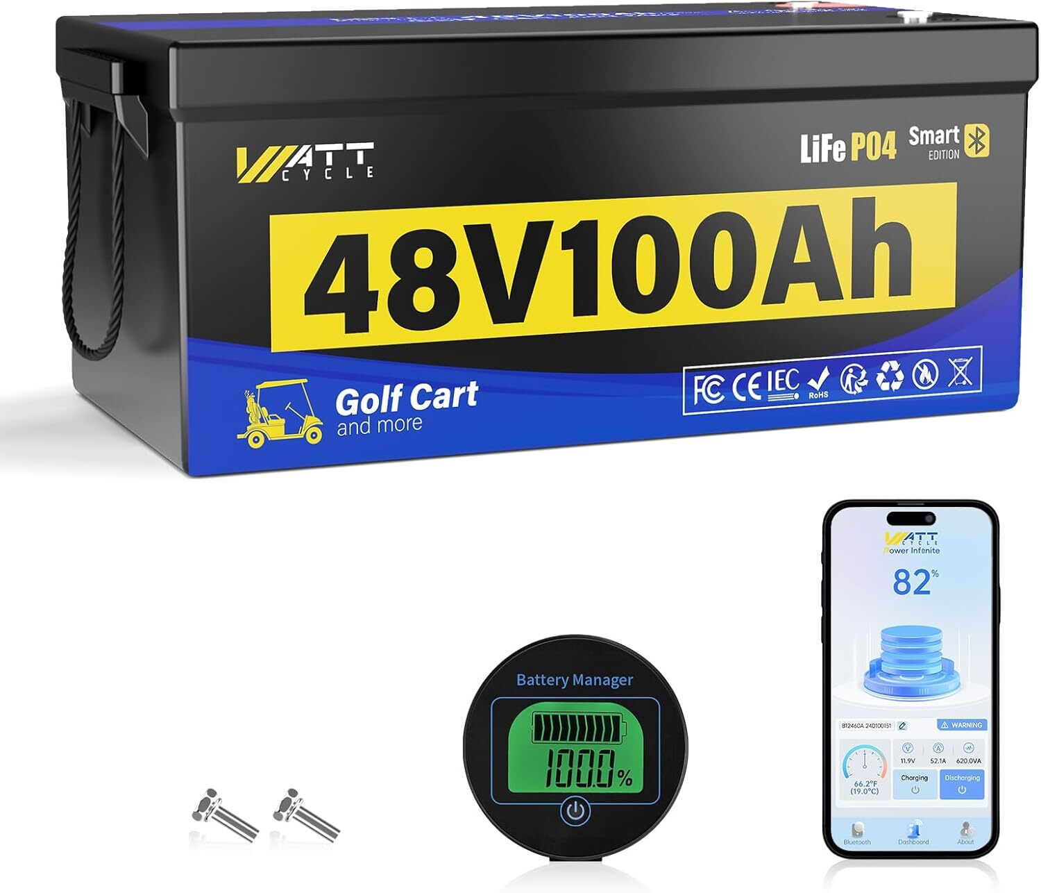 WattCycle 48V 100Ah LiFePO4 Golf Cart Battery Bluetooth + 15A Charger Included