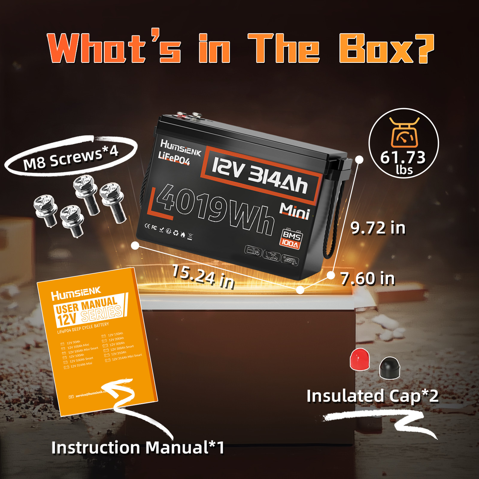 12V 314Ah 300Ah Mini LiFePO4 Battery 200A BMS 4019Wh Solar System Camping Pack