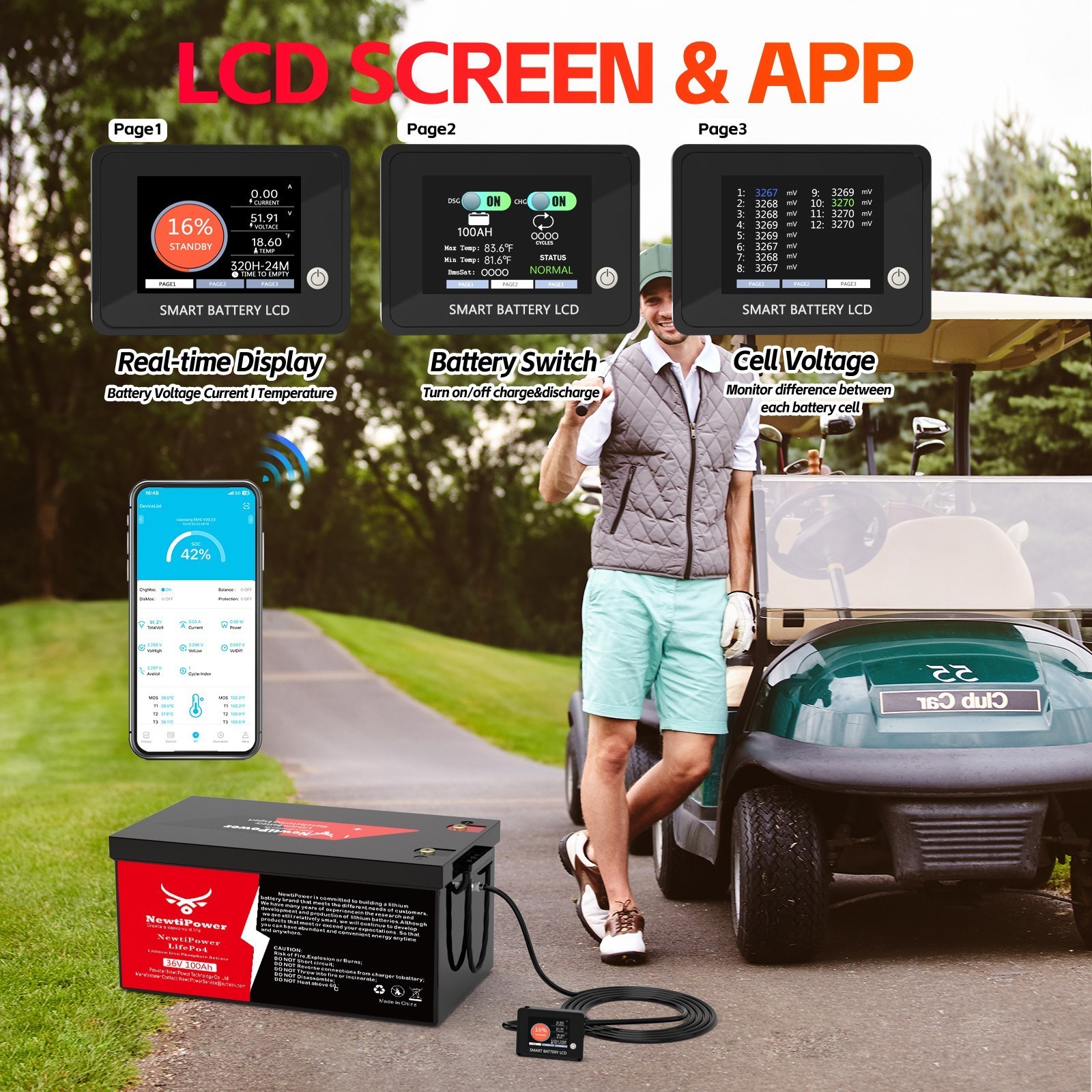 36V 100Ah LiFePO4 Lithium Battery with 15A Charger Golf Cart Trolling Motor RV
