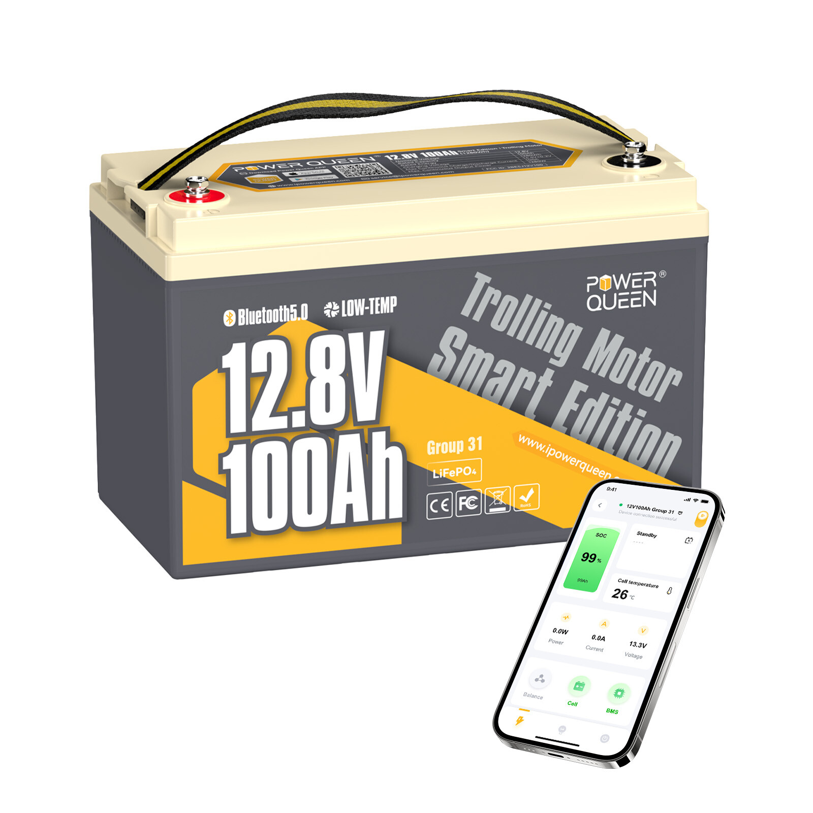 Power Queen 12V 100Ah Group 31 Smart Bluetooth LiFePO4 Battery BMS for RV Solar