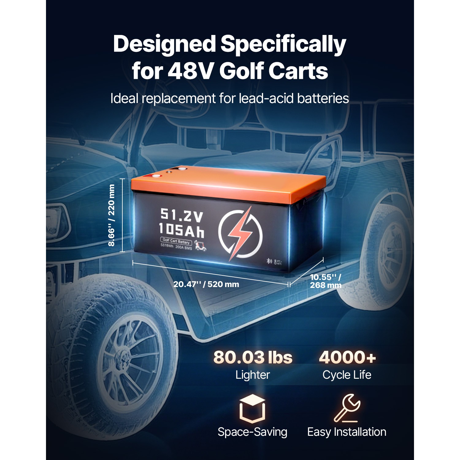 Uimoso 48V 105Ah Golf Cart Lithium Battery with LCD Monitor and 4000+ Cycles