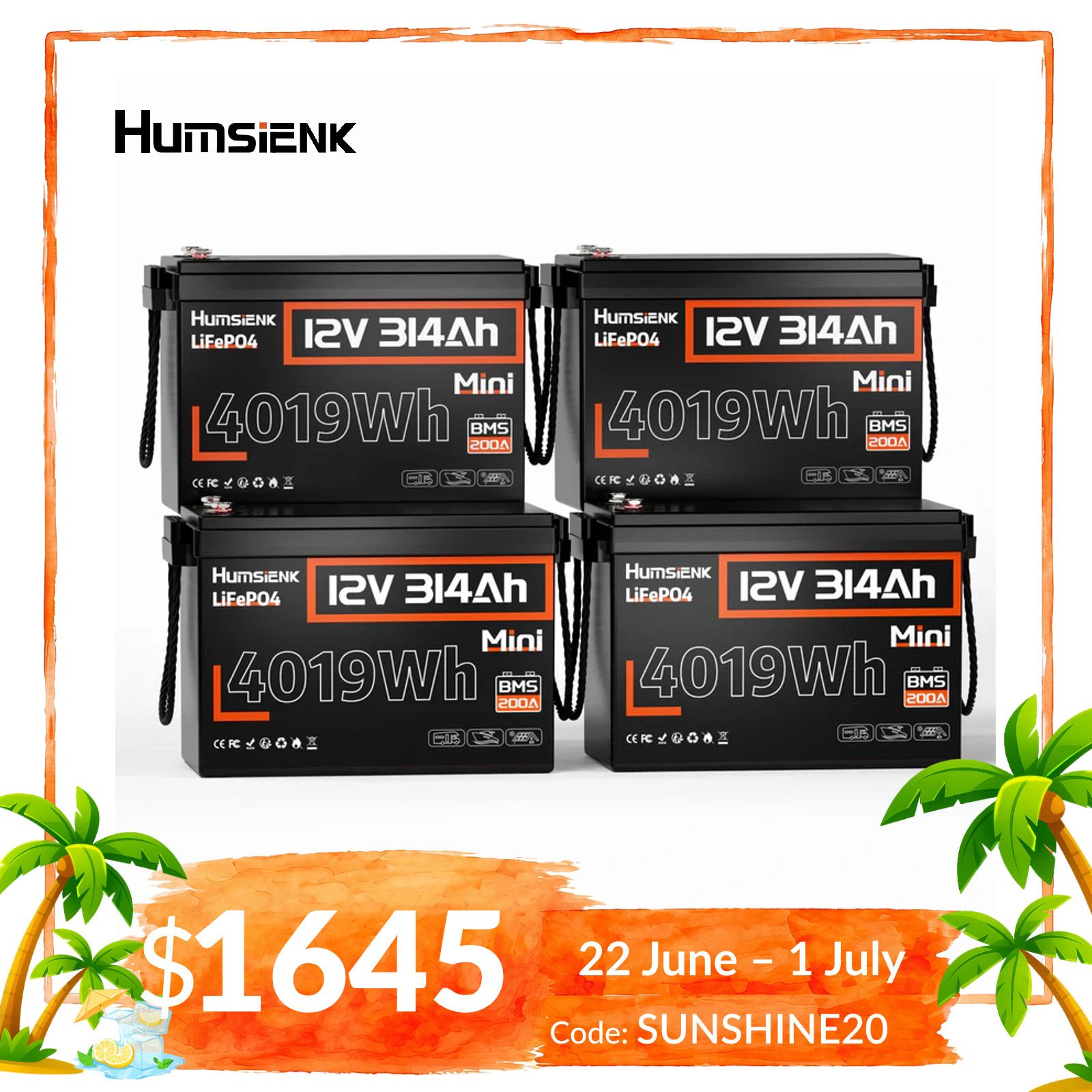 4Pcs 12V 300Ah 314Ah Mini LiFePO4 Battery 16KWh 200A BMS Off-Grid Home Storage