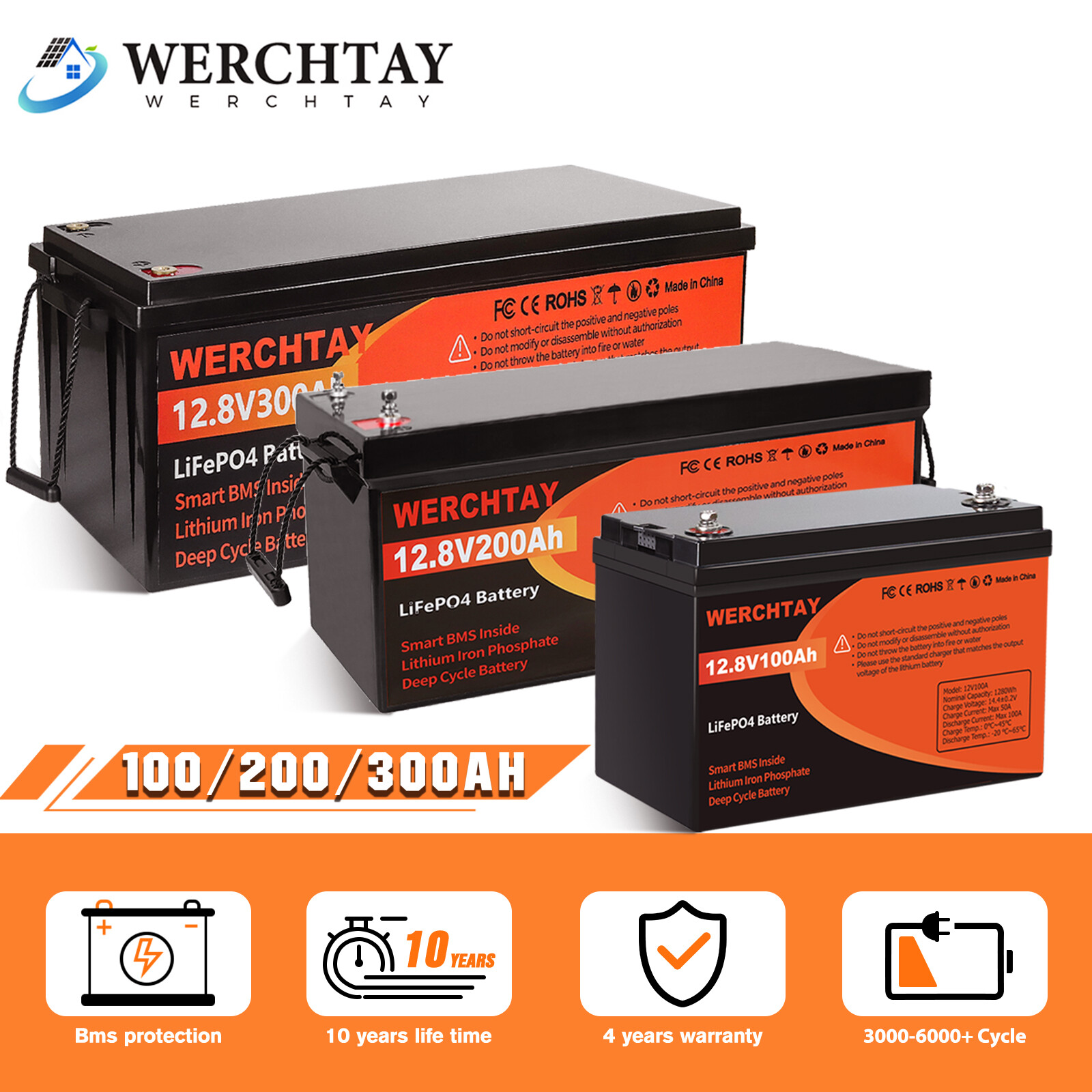 12V 100Ah 200Ah 300Ah LiFePO4 Lithium Battery Deep Cycle for Solar Off-grid lot