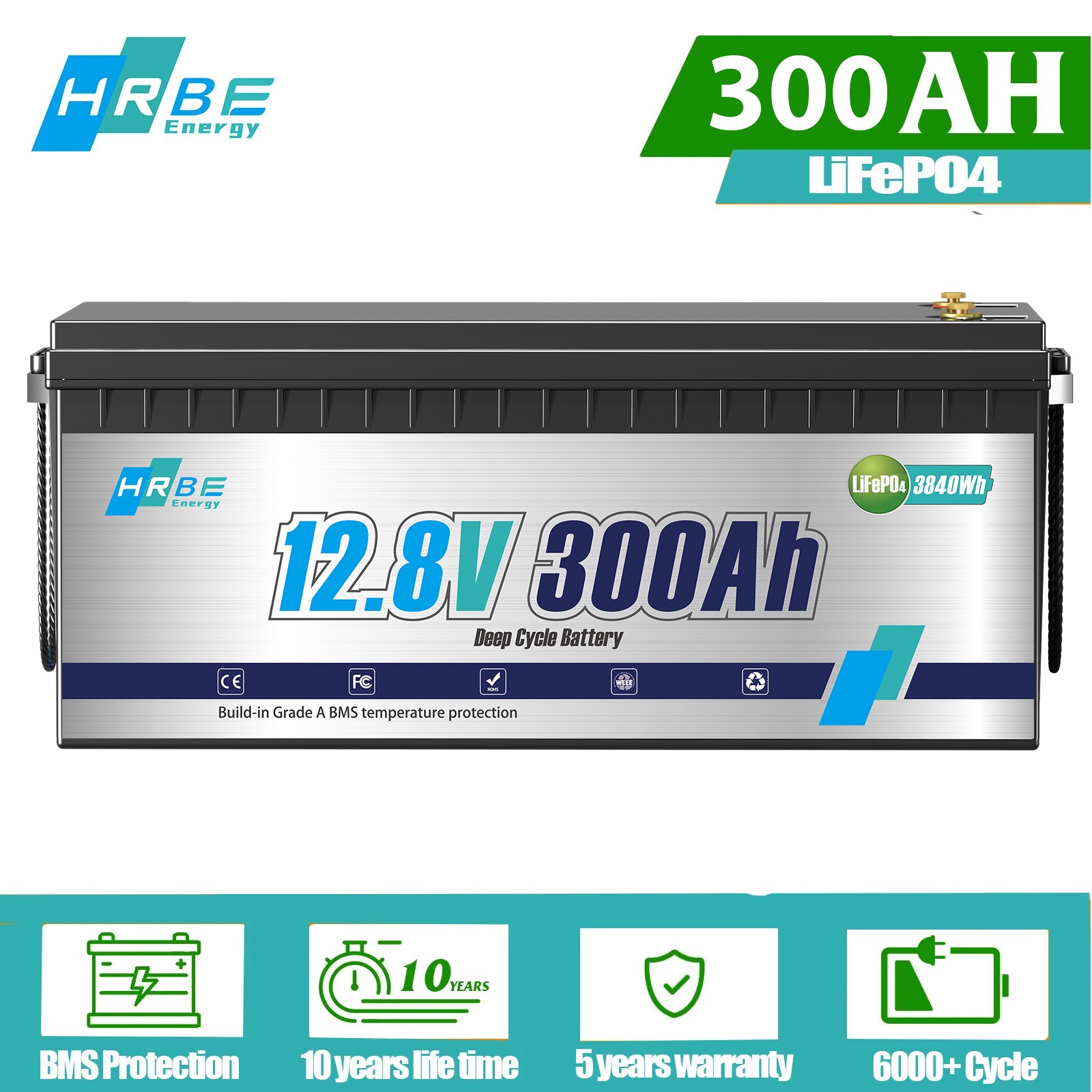 8PCS 12V 300Ah 3840Wh LiFePO4 Lithium Battery 200A BMS Low-Temp RV Off-Grid