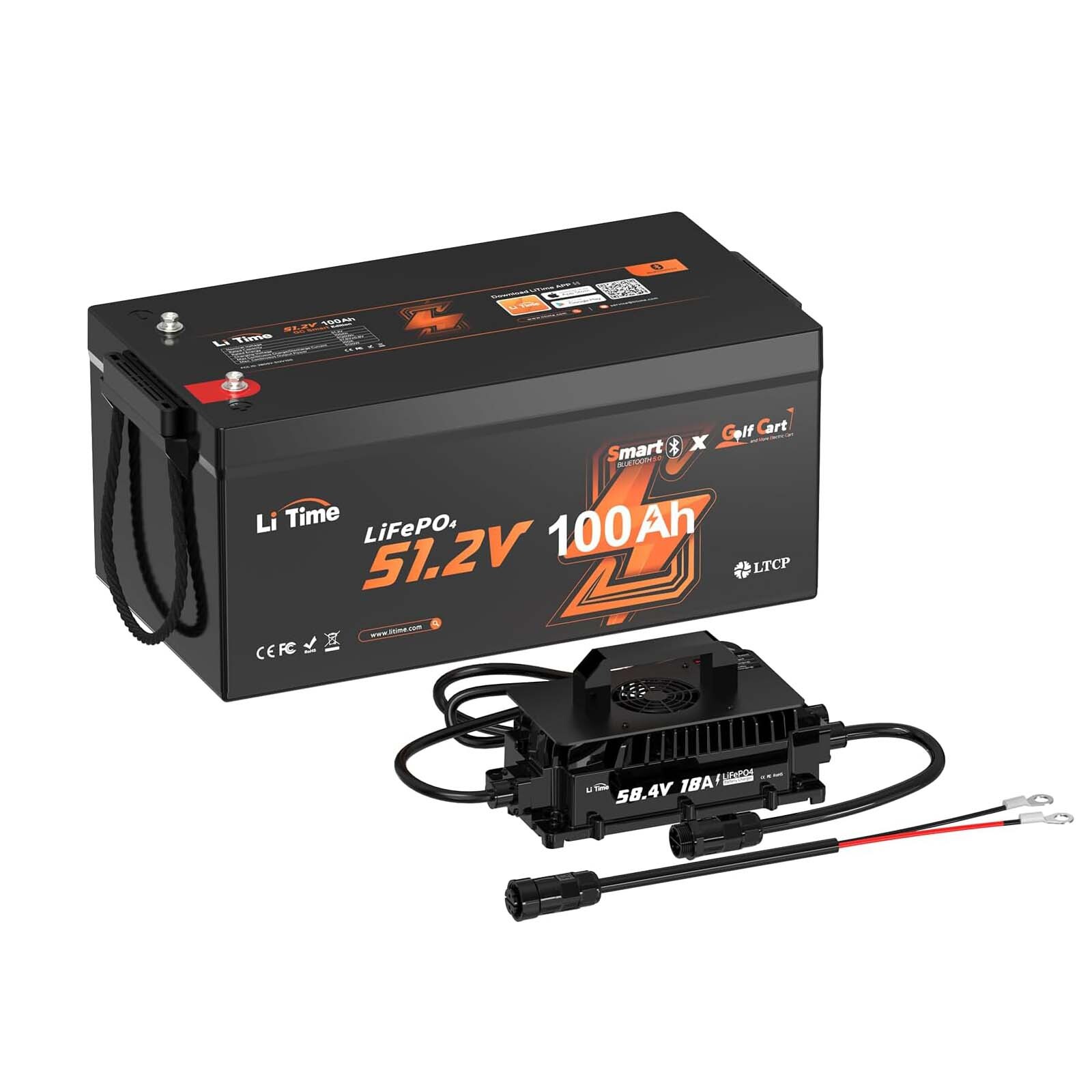 LiTime 48V 100Ah Bluetooth Golf Cart LiFePO4 Lithium Battery + 58.4V 18A Charger
