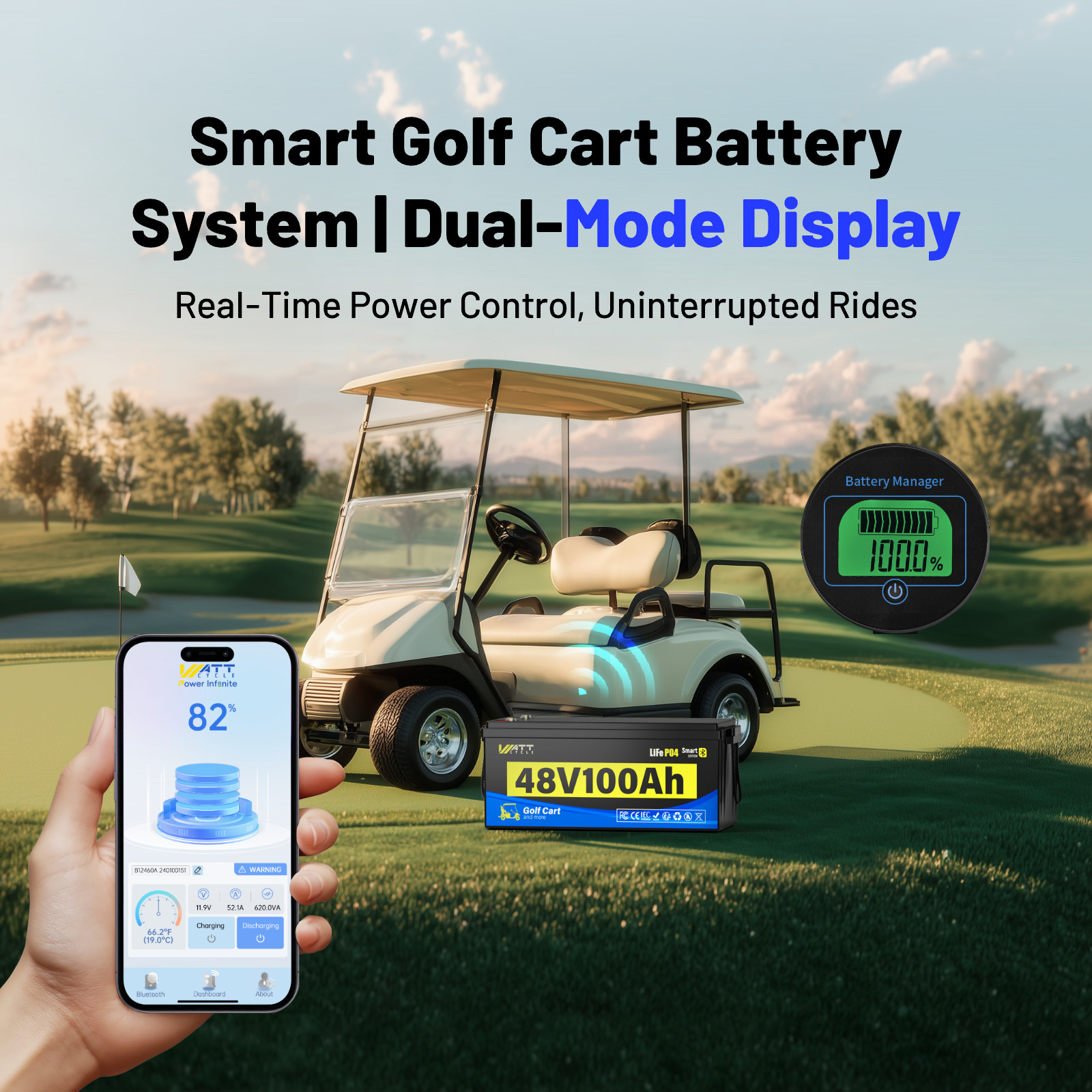 WattCycle 48V 100Ah LiFePO4 Golf Cart Battery Bluetooth + 15A Charger Included