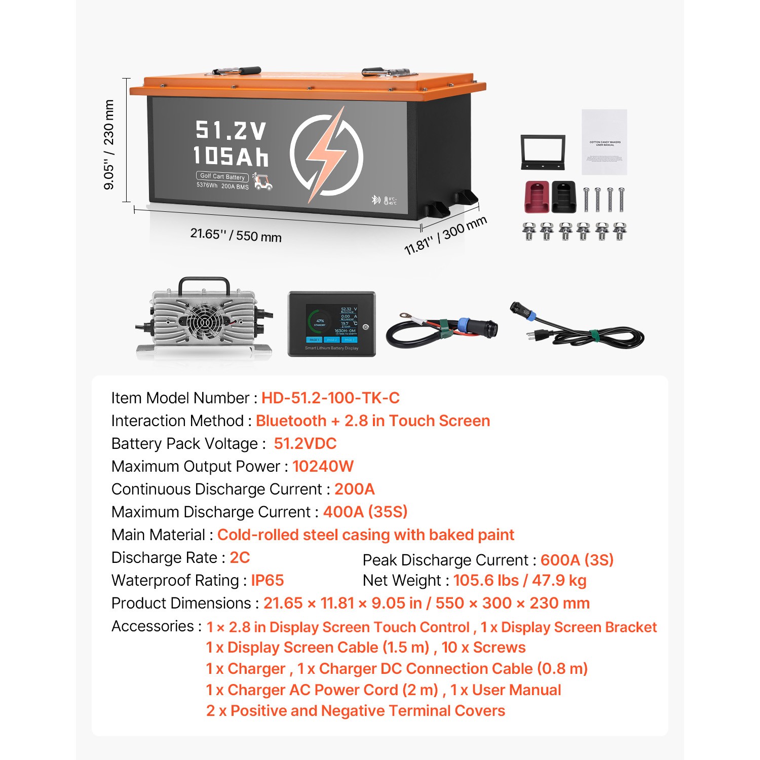 Uimoso 48V 105Ah Golf Cart Lithium Battery with 20A Charger and Touch Monitor