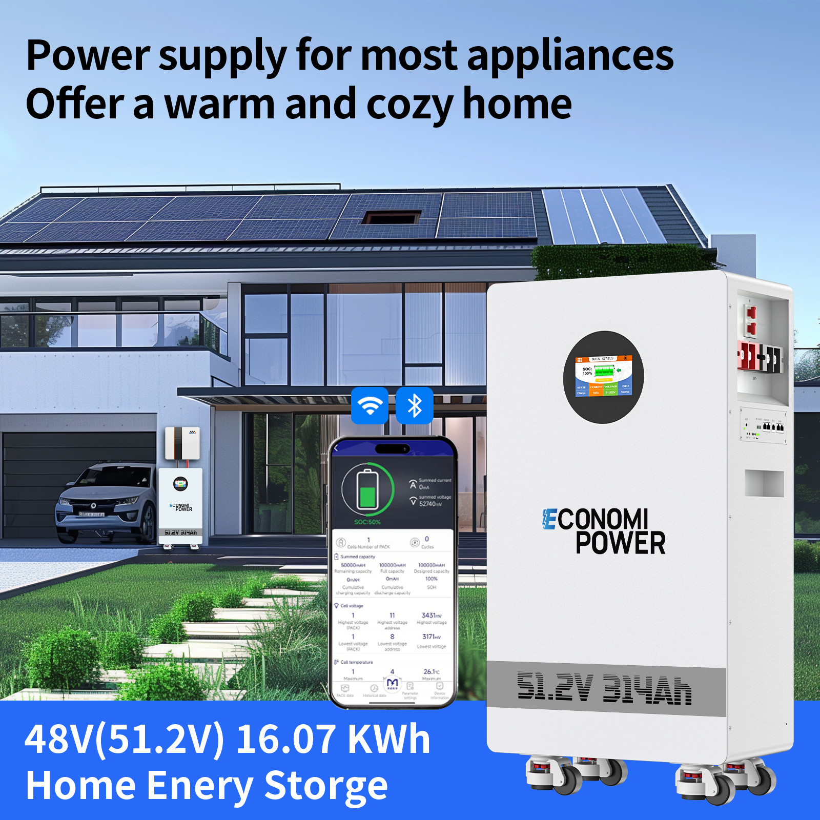 15.36kWh 51.2V 48V 300Ah LiFePO4 Lithium Battery BMS, Home Solar Energy Storage