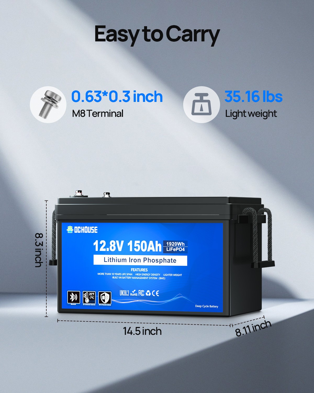 12V 150Ah LiFePO4 Battery Bluetooth with SOC Status Indicators Trolling Motors