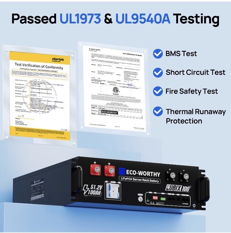 ECO-WORTHY 30.72kWh 6Pack 48V 100AH LiFePO4 Battery UL1973& UL9540A& CEC Listed