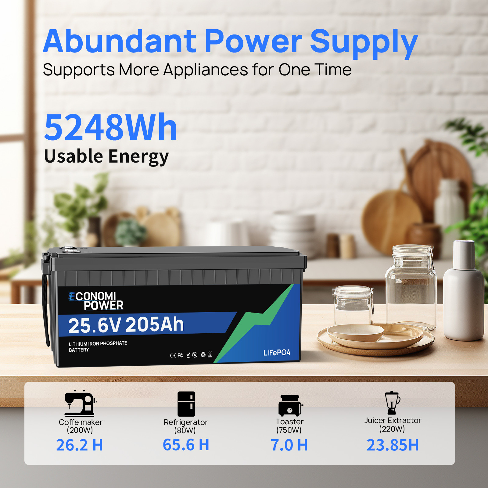 24V 205Ah LiFePO4 Deep Cycle Battery 5248Wh 200A BMS, Solar RV Off-Grid Marine