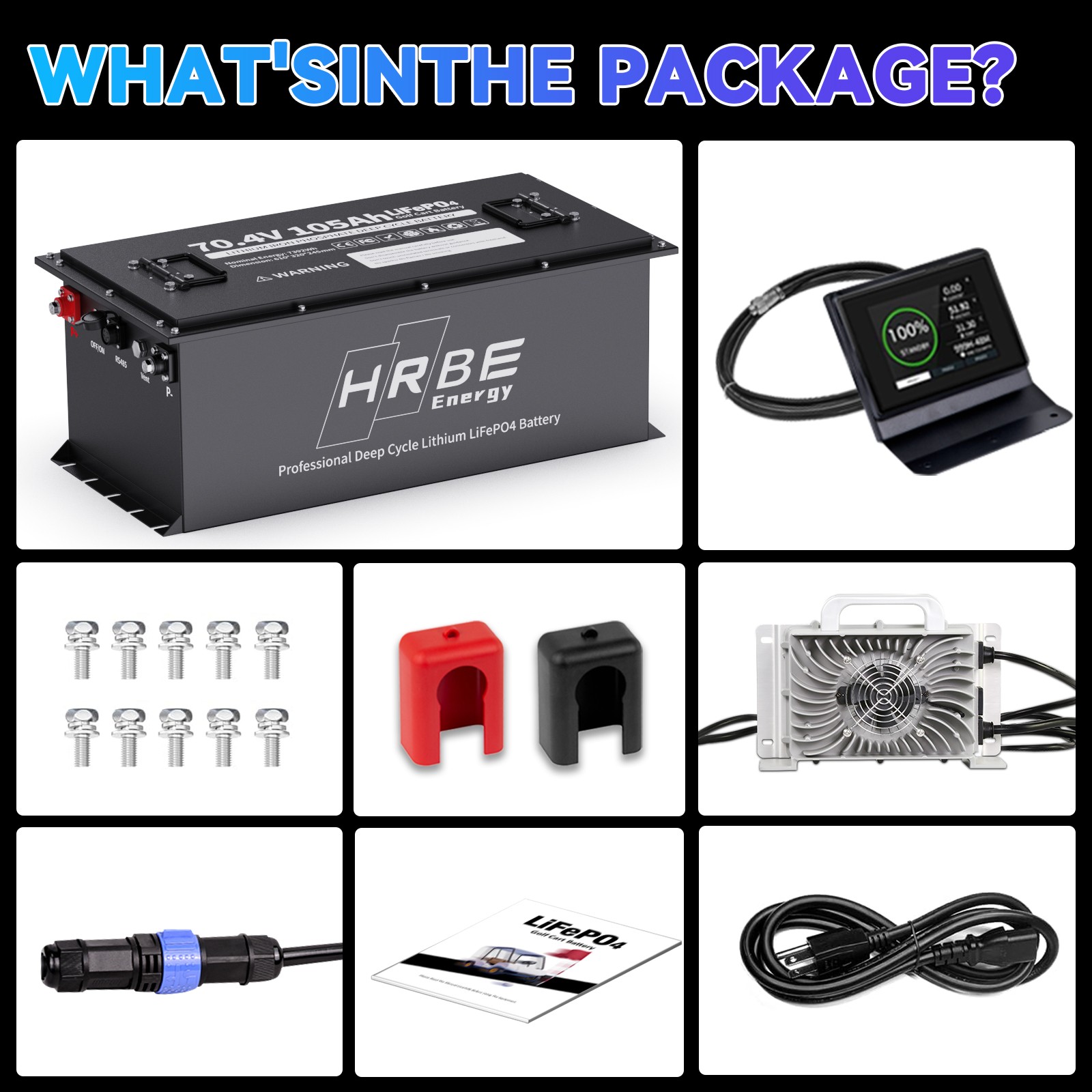 72V 105Ah Golf Cart LiFePO4 Lithium BT Battery 200A BMS+Monitor+80.3V18A Charger