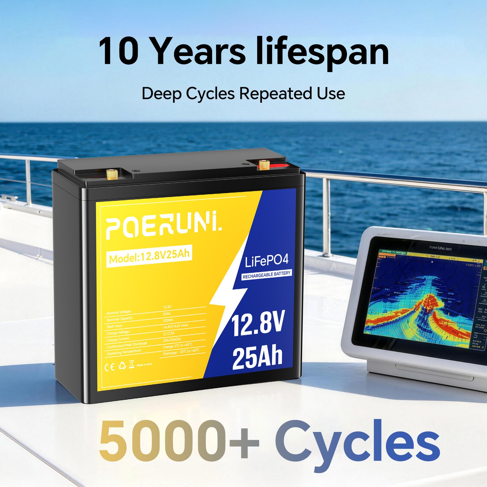 POERUNI 12V 25Ah LiFePO4 Lithium Battery Built-in BMS 5000+ Deep Cycle for Solar