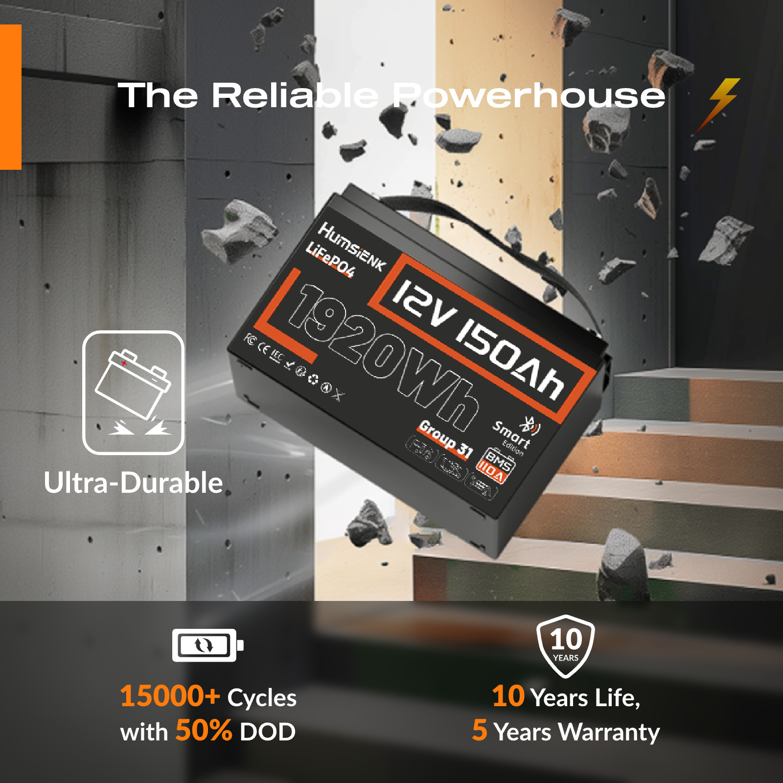 1920Wh 12V 150Ah Group 31 LiFePO4 Lithium Battery Low-Temp for RV Camping