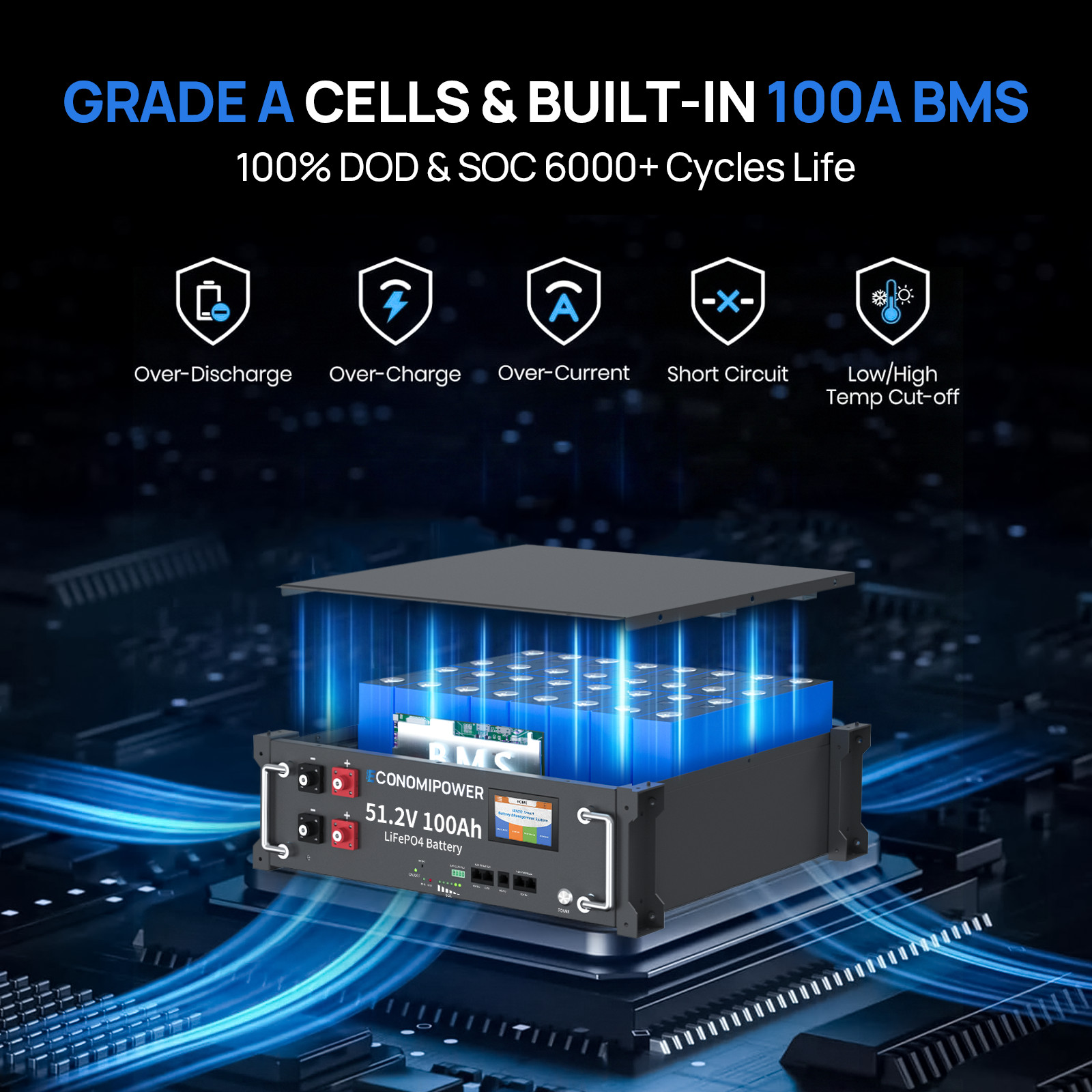 51.2V 100Ah Rack LiFePO4 Battery 100A BMS Bluetooth Solar Home Storage Off-Grid