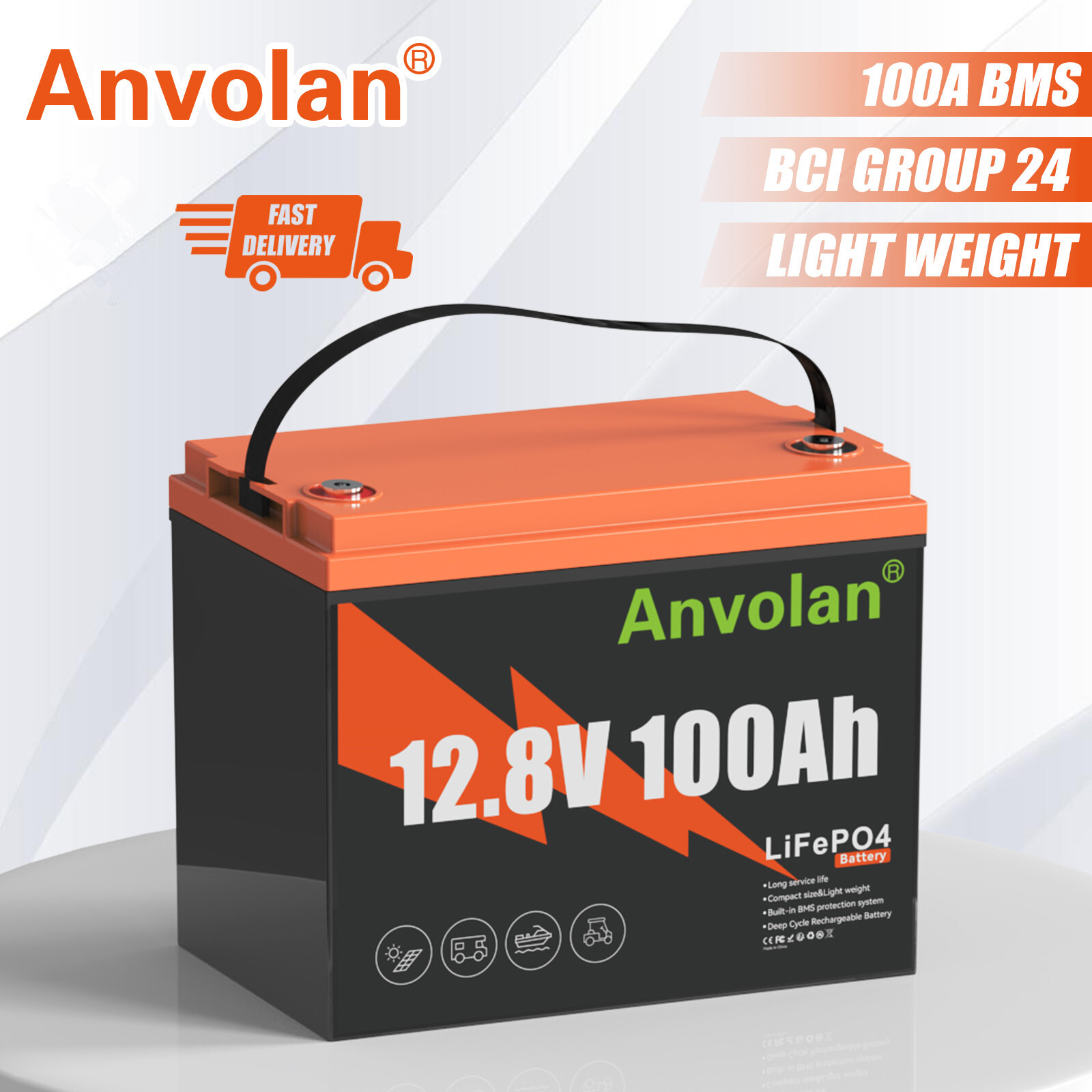 12V 100AH 1280Wh LFP Lithium Battery w/Low-Temp BMS for RV Solar Panel Golf Cart