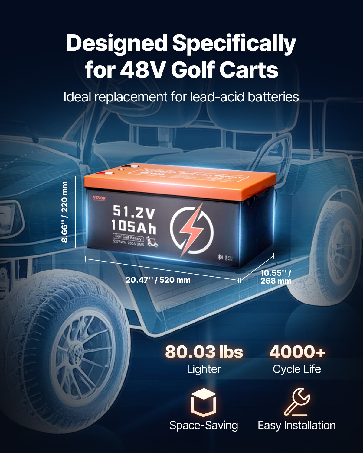 VEVOR 48V 105Ah Golf Cart Lithium Battery with LCD Monitor and 4000+ Cycles