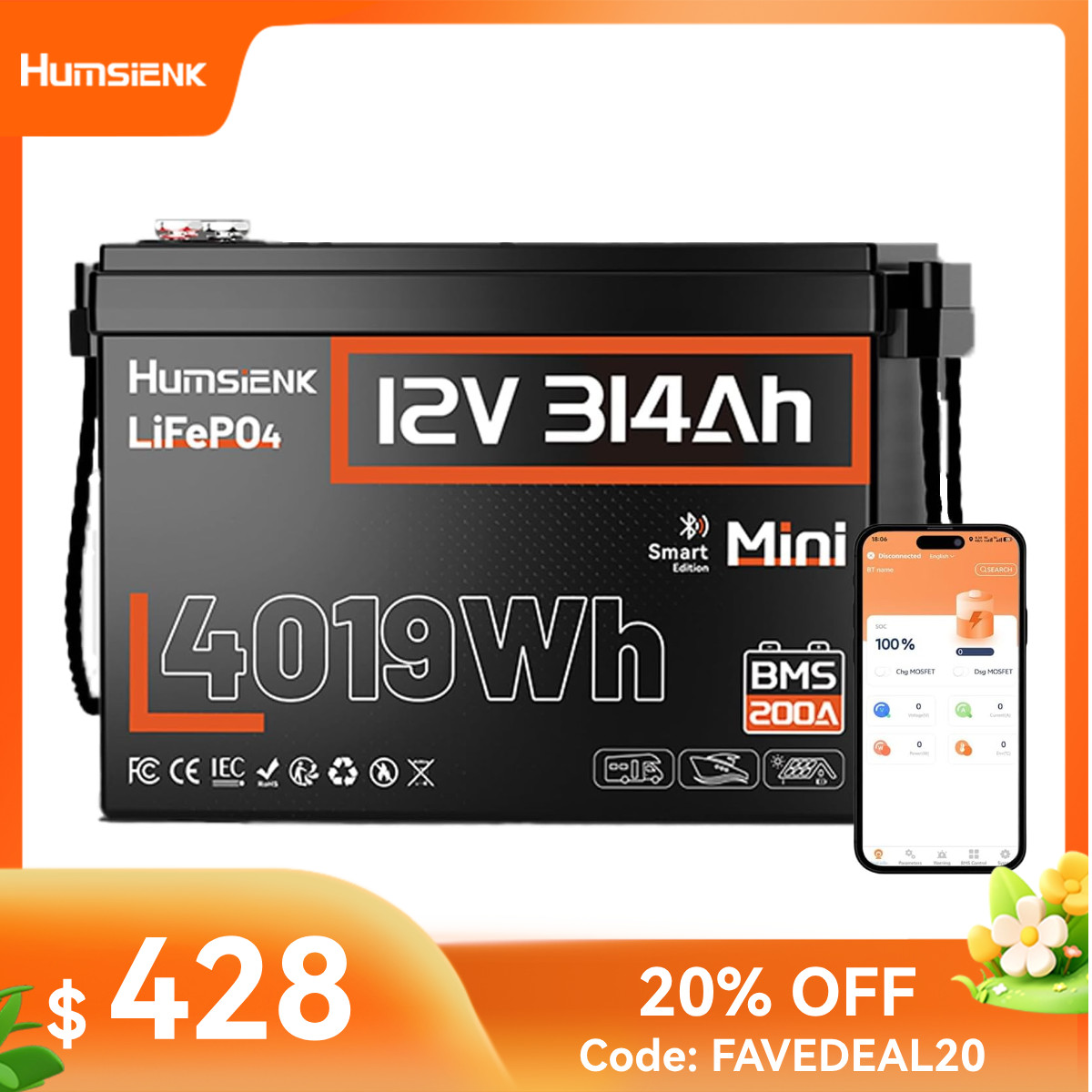 12V 314Ah 300Ah LiFePO4 Lithium Battery 4019Wh Deep Cycle for Solar RV Marine