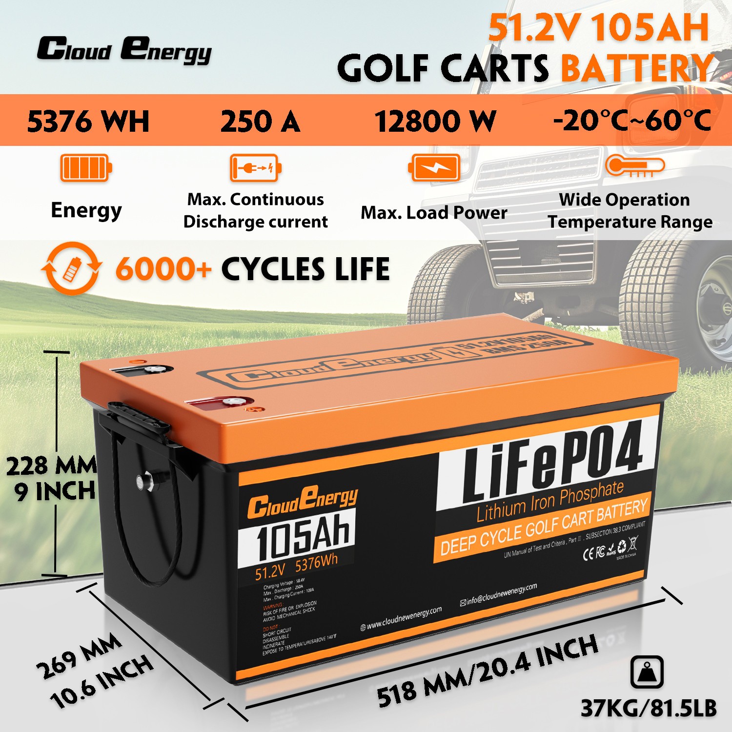 CloudEnergy 48V 105AH Golf Cart LiFePO4 Battery 250A BMS with Charger