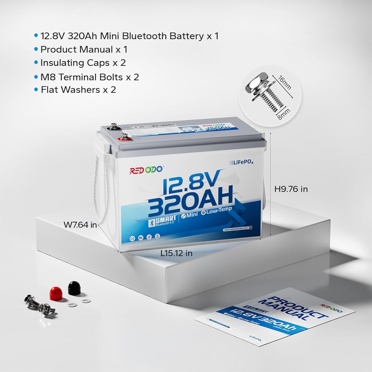 Redodo 2 Pack 12V 320Ah Mini Bluetooth LiFePO4 Battery 200A BMS for RV Camp Home