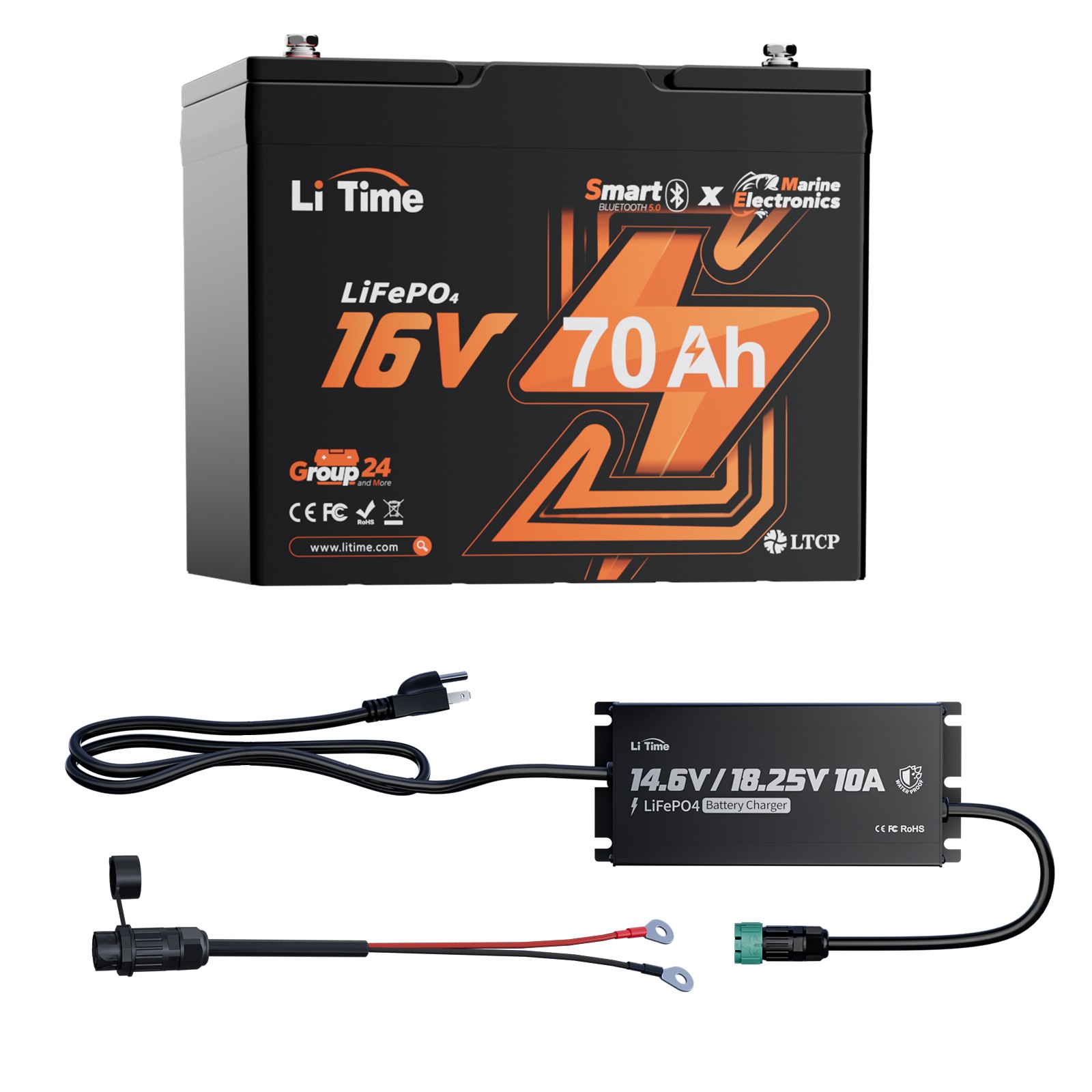 LiTime 16V 70Ah Bluetooth LiFePO4 Lithium Battery+10A Charger For Fish Finder