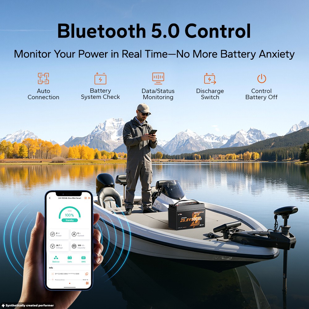 LiTime 24V 100Ah Group31 Bluetooth Trolling Motor LiFePO4 Lithium Battery Marine