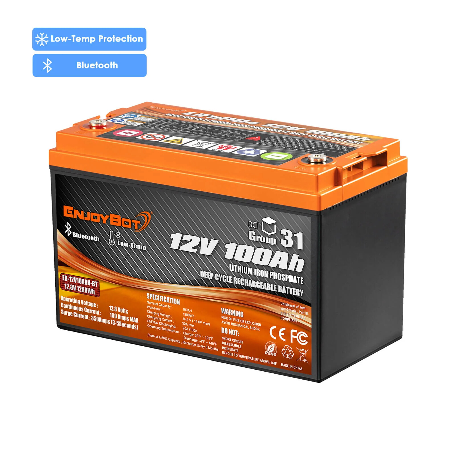 12V 100Ah LiFePO4 Lithium Battery BlueTooth 100A BMS for RV Solar Trolling Motor