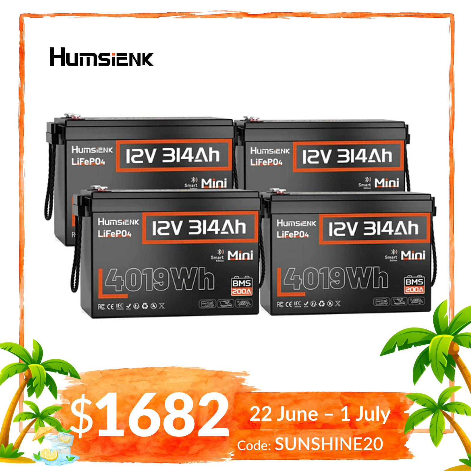 4Pack 12V 300Ah 314Ah Mini LiFePO4 Lithium Battery 200A BMS Bluetooth APP Solar