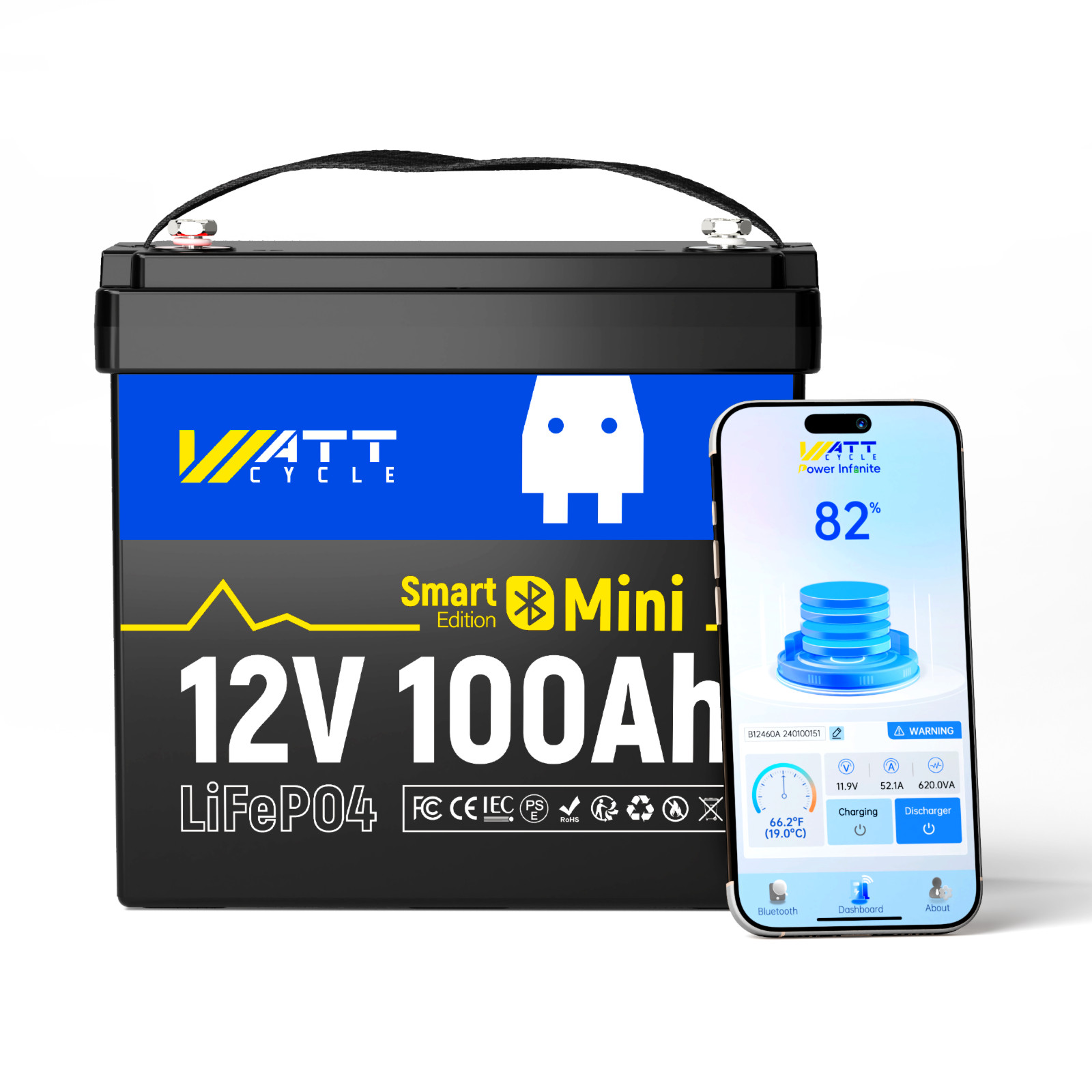 WattCycle 12V 100Ah LiFePO4 Mini Battery Bluetooth Deep Cycle Marine Off-Grid