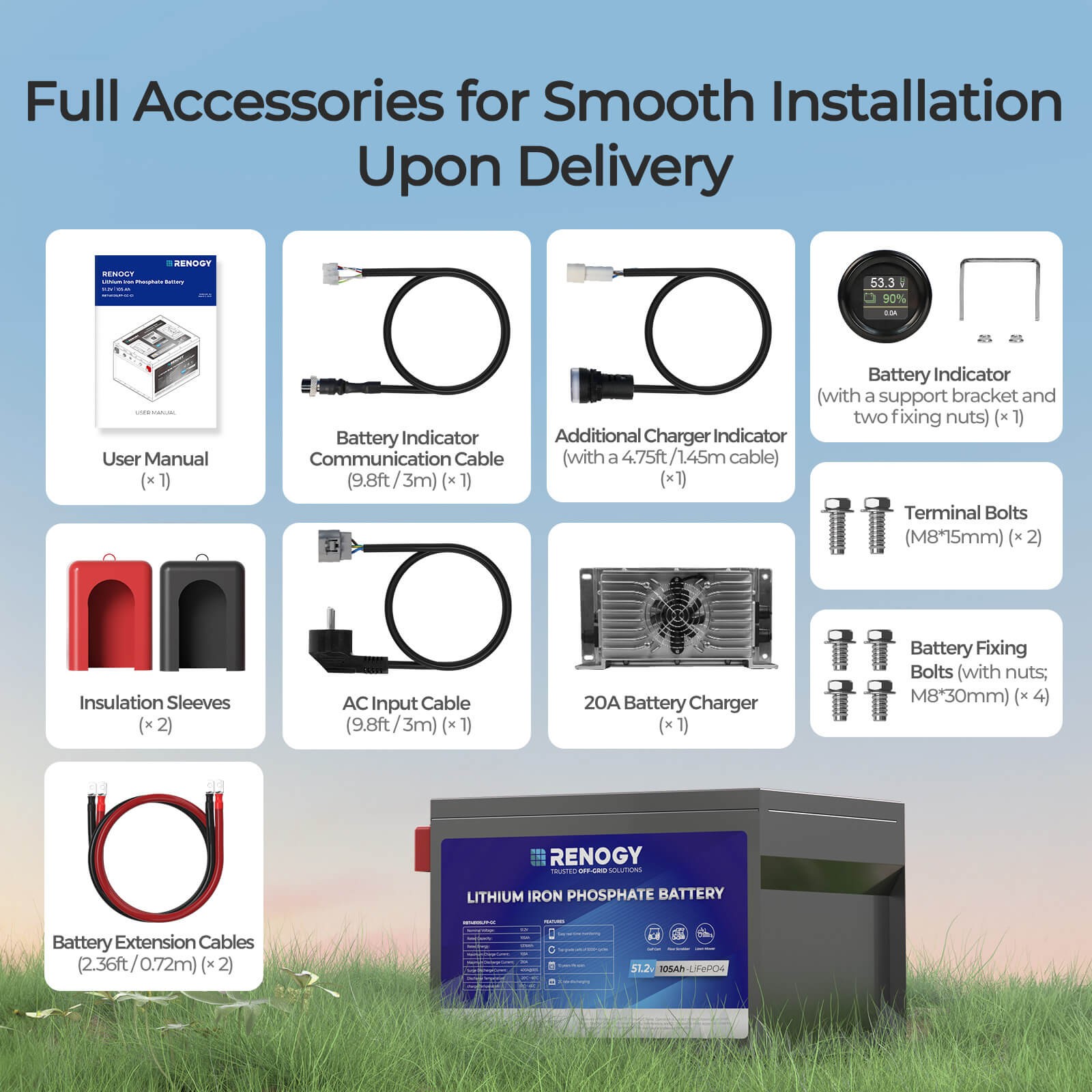 Renogy 48V 105Ah Golf Cart LiFePO4 Lithium Battery 5000+ Cycle 200A BMS+ Charger