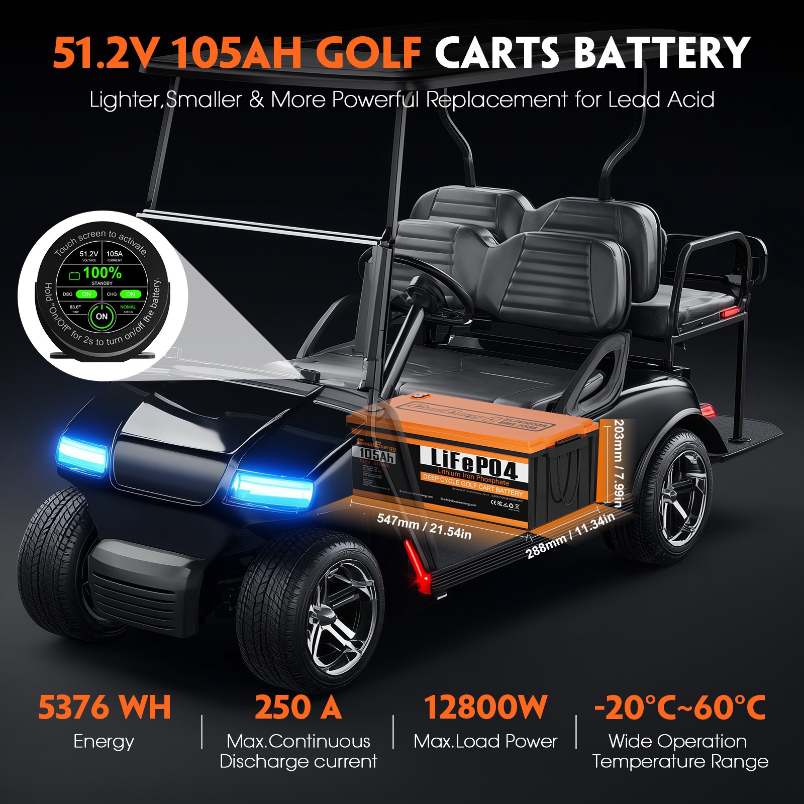 Cloudenergy 48V(51.2V) 105AH LiFePO4 Lithium Golf Cart Battery Built-in 250A BMS