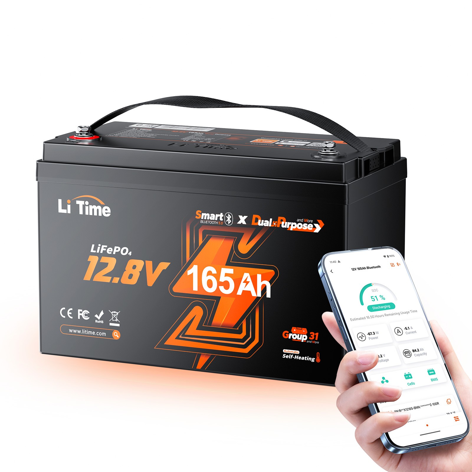 Refurbished LiTime 12V 165Ah Dual Use Marine Starting Lithium Battery 1200 CCA
