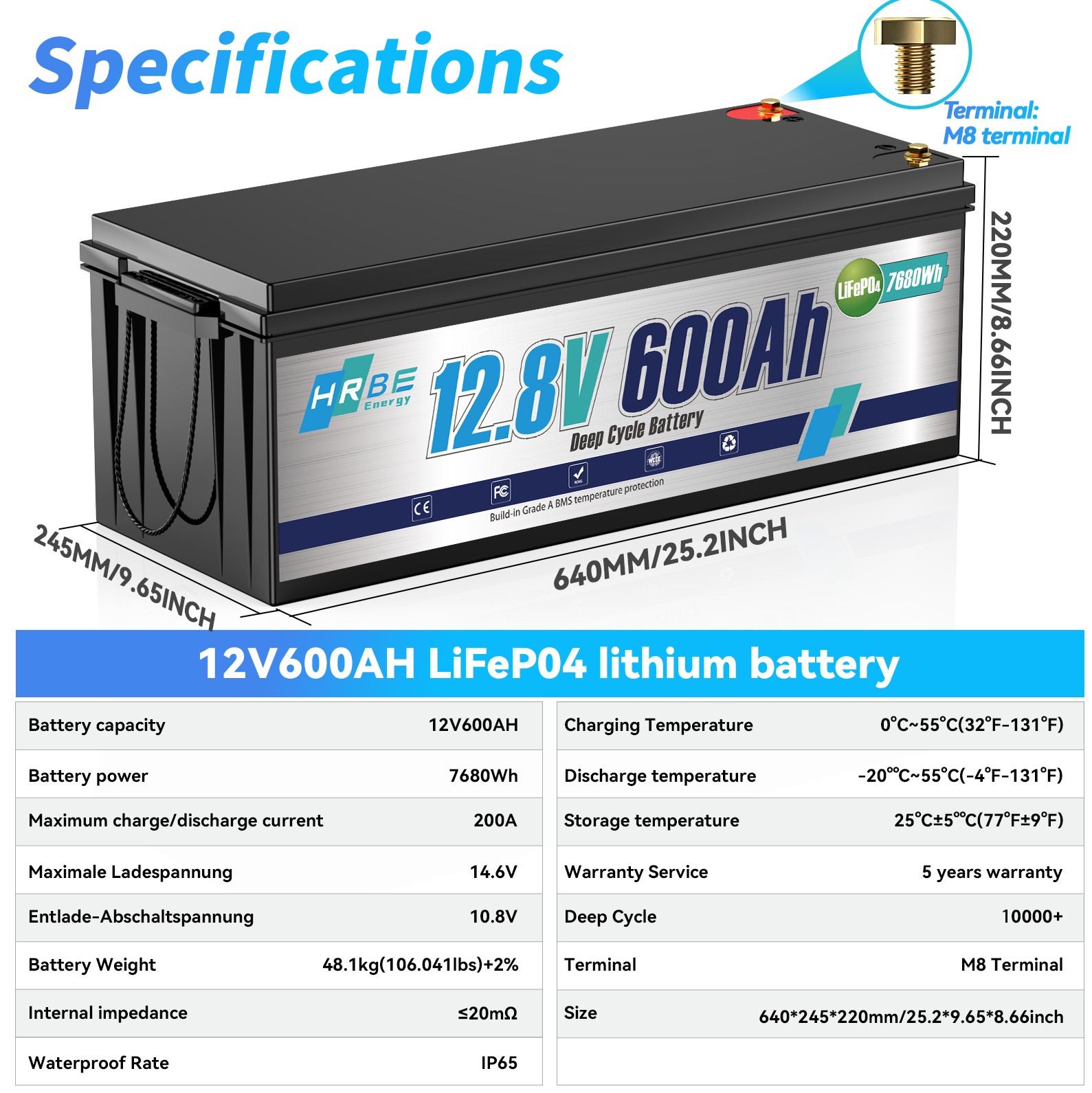 LiFePO4 12V 600Ah Lithium Battery BMS Deep Cycles Solar Marine RV Household Tool