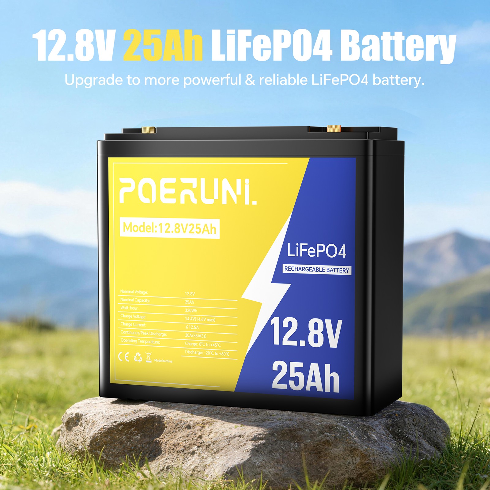 25Ah 12V LiFePO4 Lithium Battery Built-in BMS Deep Cycle for Solar RV Off-grid