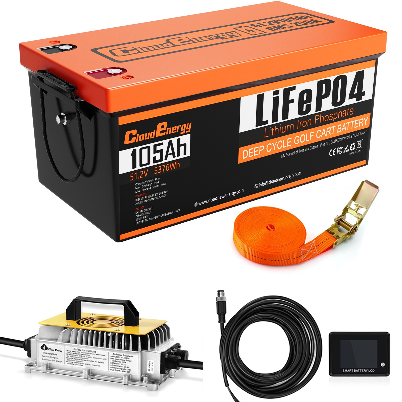 CloudEnergy 48V 105AH Golf Cart LiFePO4 Battery 250A BMS with Charger