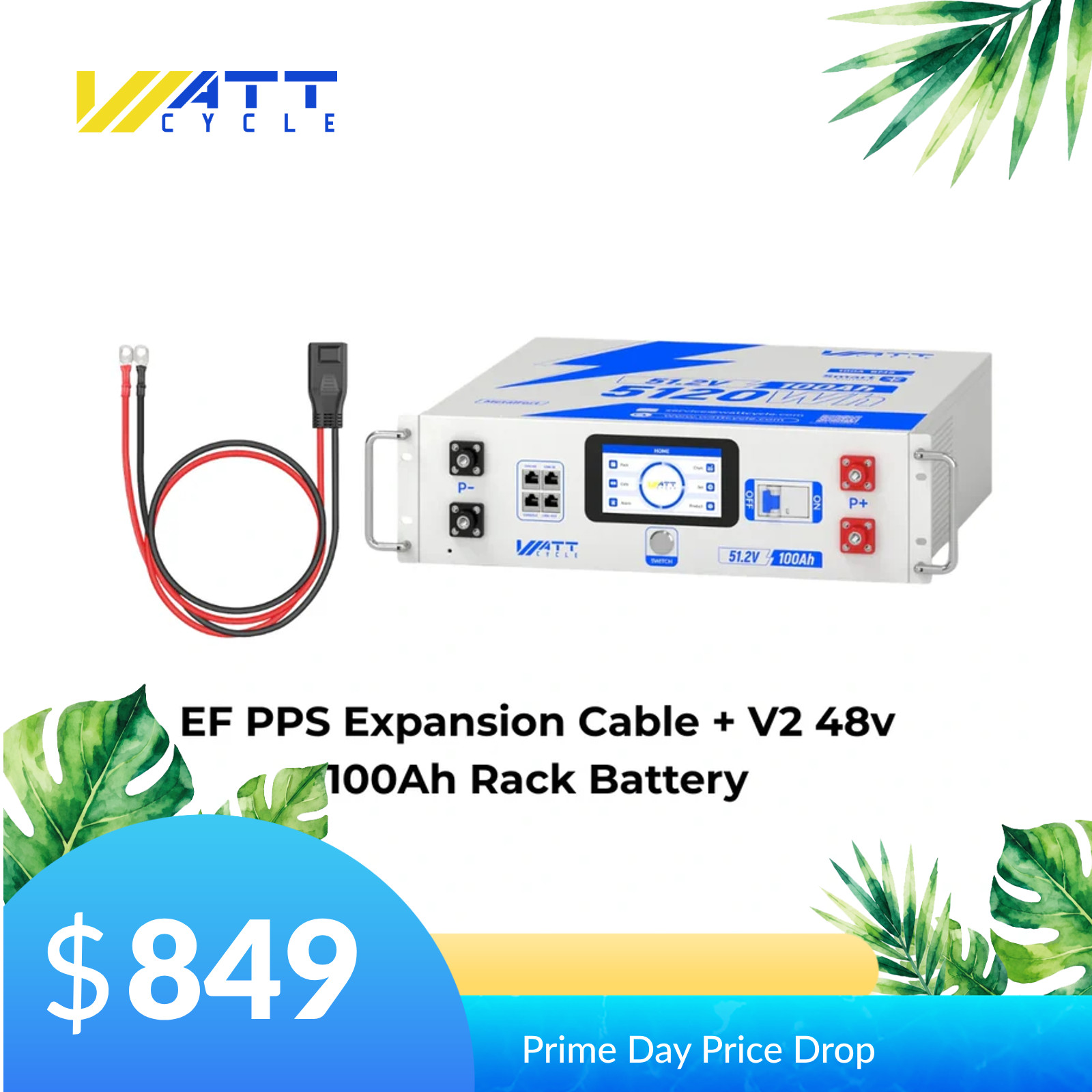 Wattcycle 48V 100Ah Server Rack LiFePO4 Battery 100A BMS+ Free Wattlink EF Cable