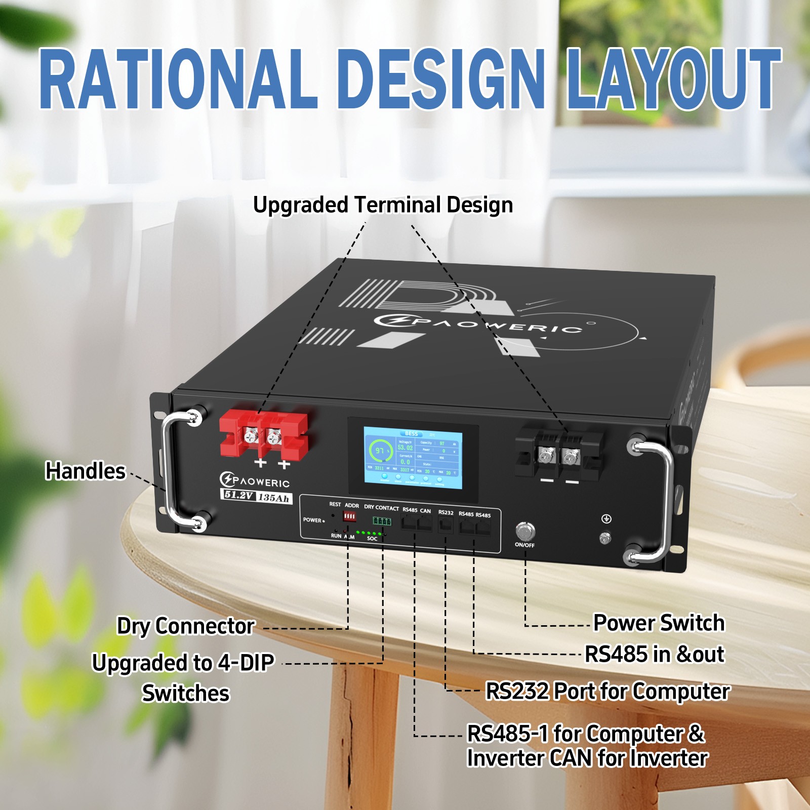 48V 135Ah 3U Server Rack Lithium LiFePO4 Battery CAN RS232/RS485 Home Storage RV