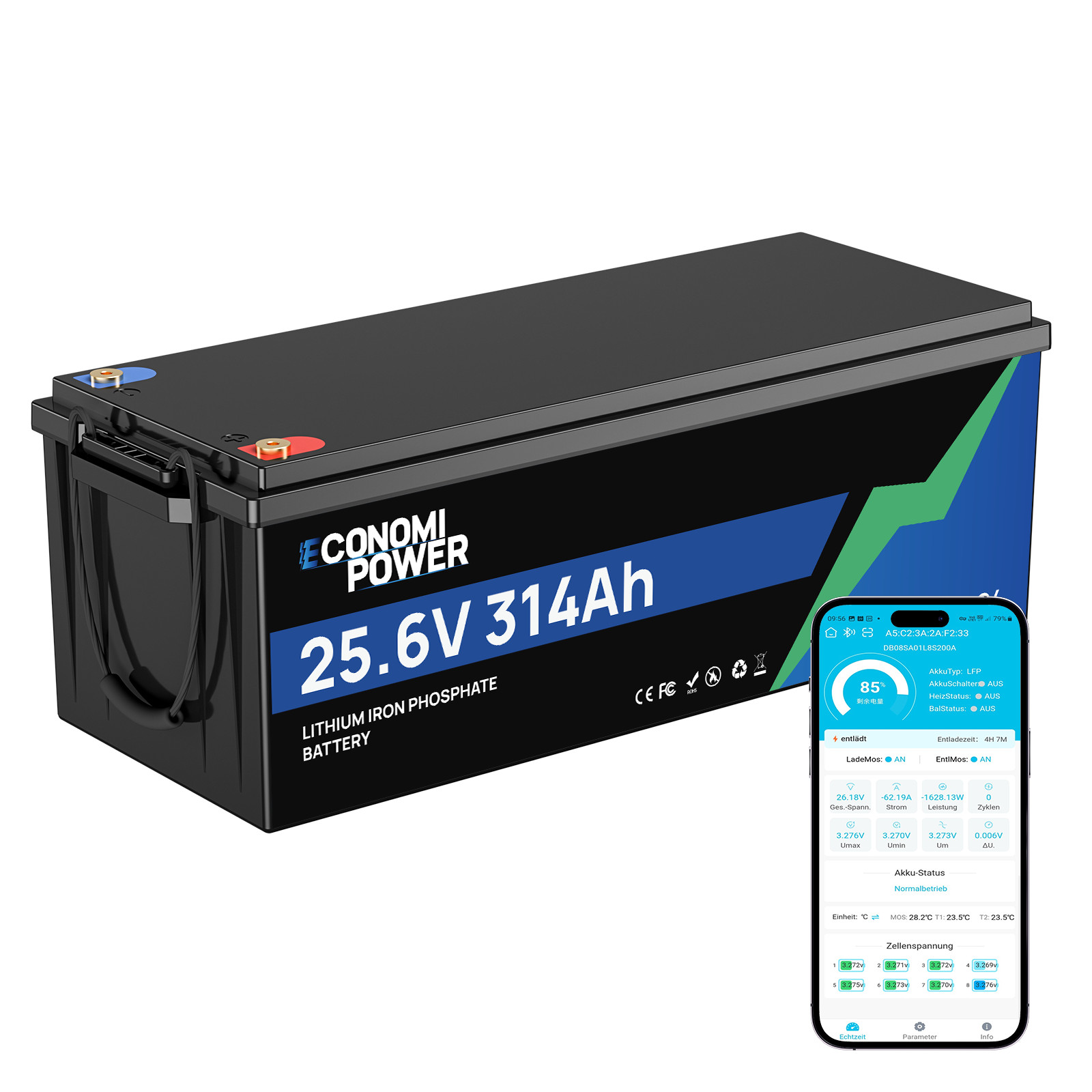 24V 314Ah LiFePO4 Battery 8038Wh Deep Cycle 200A BMS Bluetooth Solar RV Marine