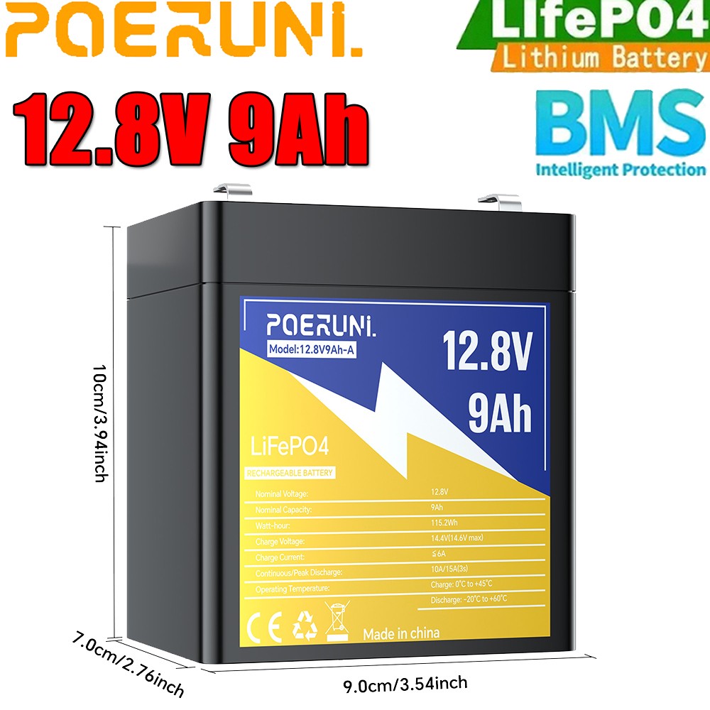 12V 9Ah LiFePO4 Lithium Battery Built-in BMS Deep Cycle For Solar RV Marine RV