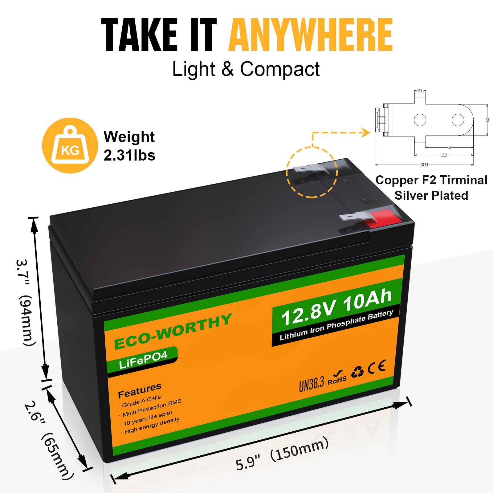 ECO-WORTHY 128Wh 12V 10Ah LiFePO4 Lithium Battery For Trolling Motor