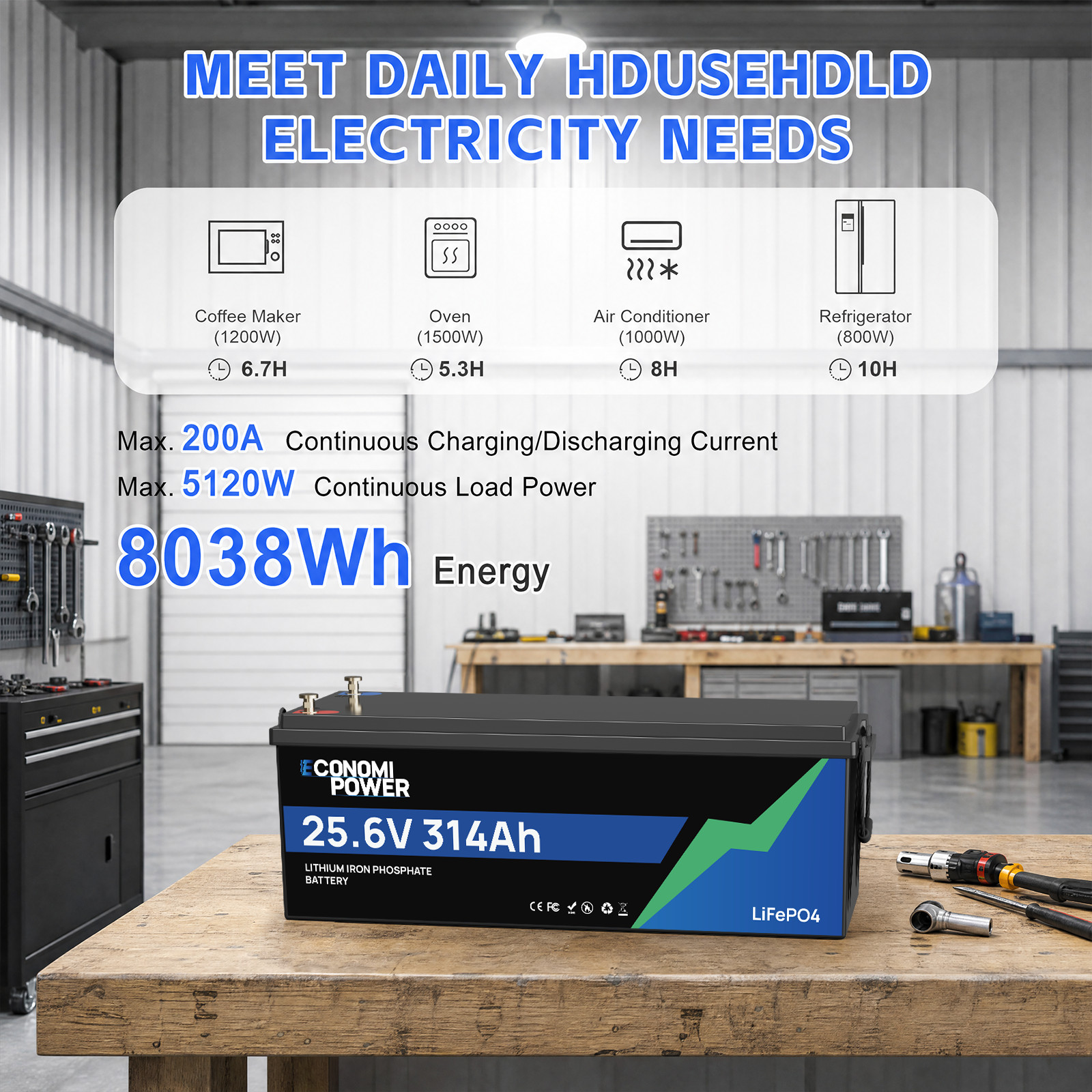 24V 314Ah LiFePO4 Deep Cycle Battery 8038Wh 200A BMS Bluetooth Solar RV Off-Grid