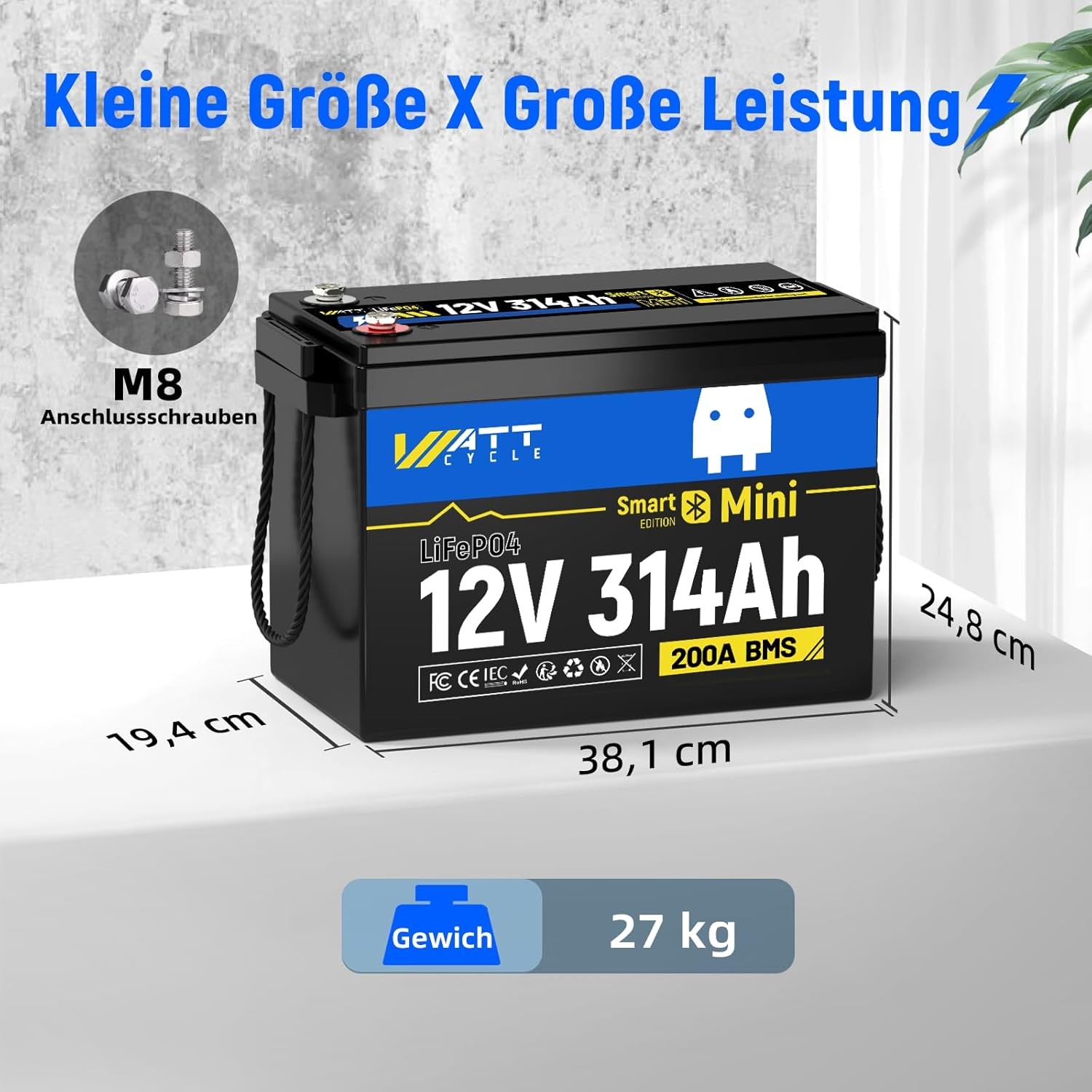 Wattcycle 314Ah 12V Lithium Battery 300Ah Deep Cycle for RV Solar Trolling Motor